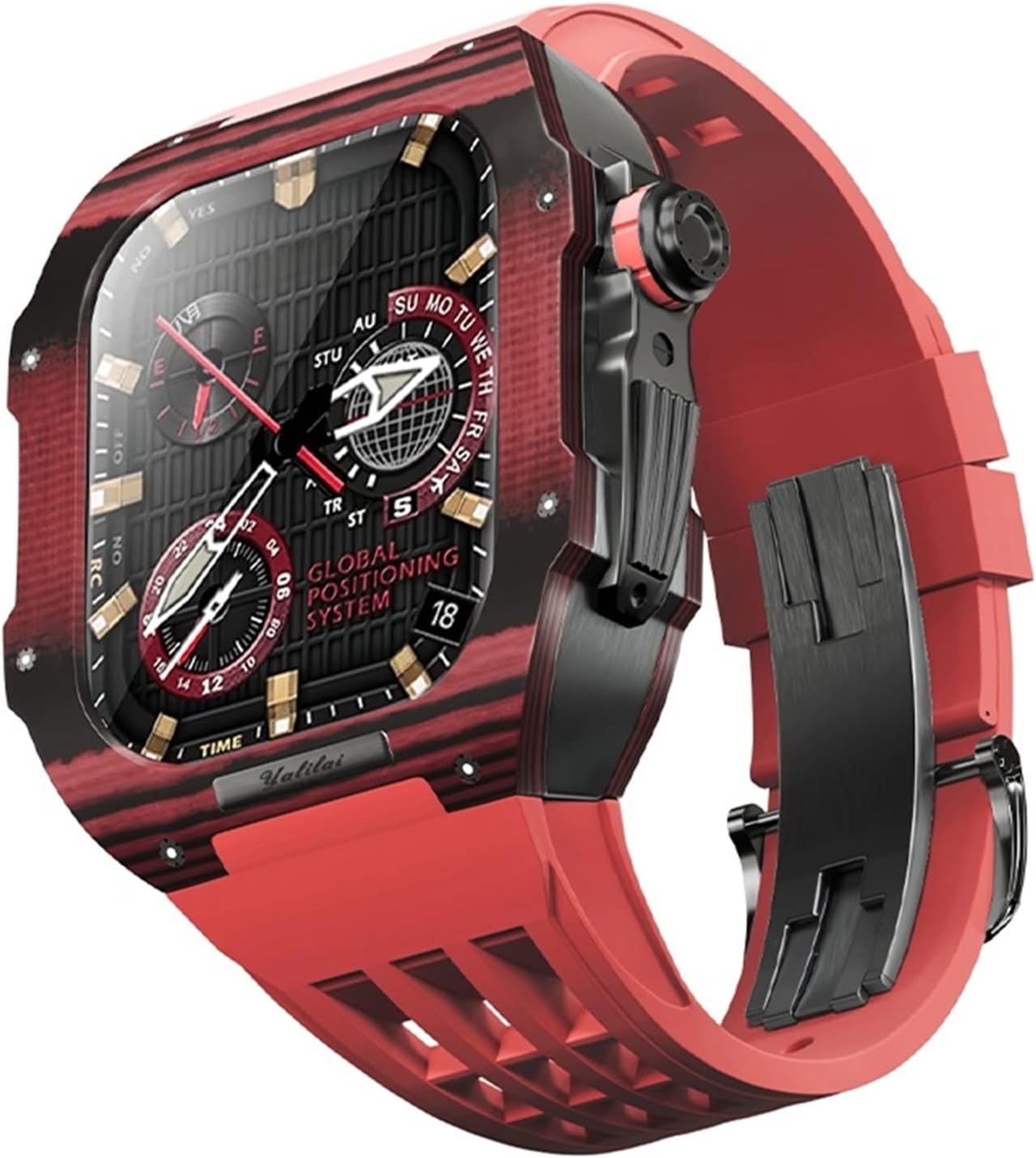 SCHIK Rubber Watch Band Carbon Fiber Case Mod Kit，For Apple Watch 9/8/7/6/5/4 Series 45mm 44mm Watch Upgrade Replacement Strap Bezel Fully Carbon Fiber Case