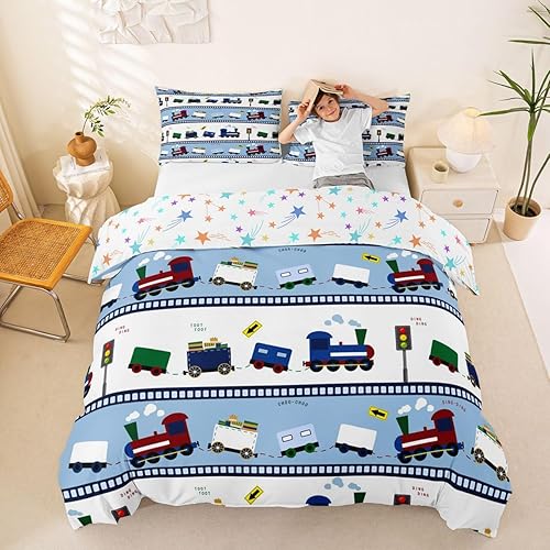 Miniatura 3 de Feelyou Juego de ropa de cama de tren para niños, niños, adolescentes, decoración de dormitorio, Choo-Choo, vías de ferrocarril, juego de funda de