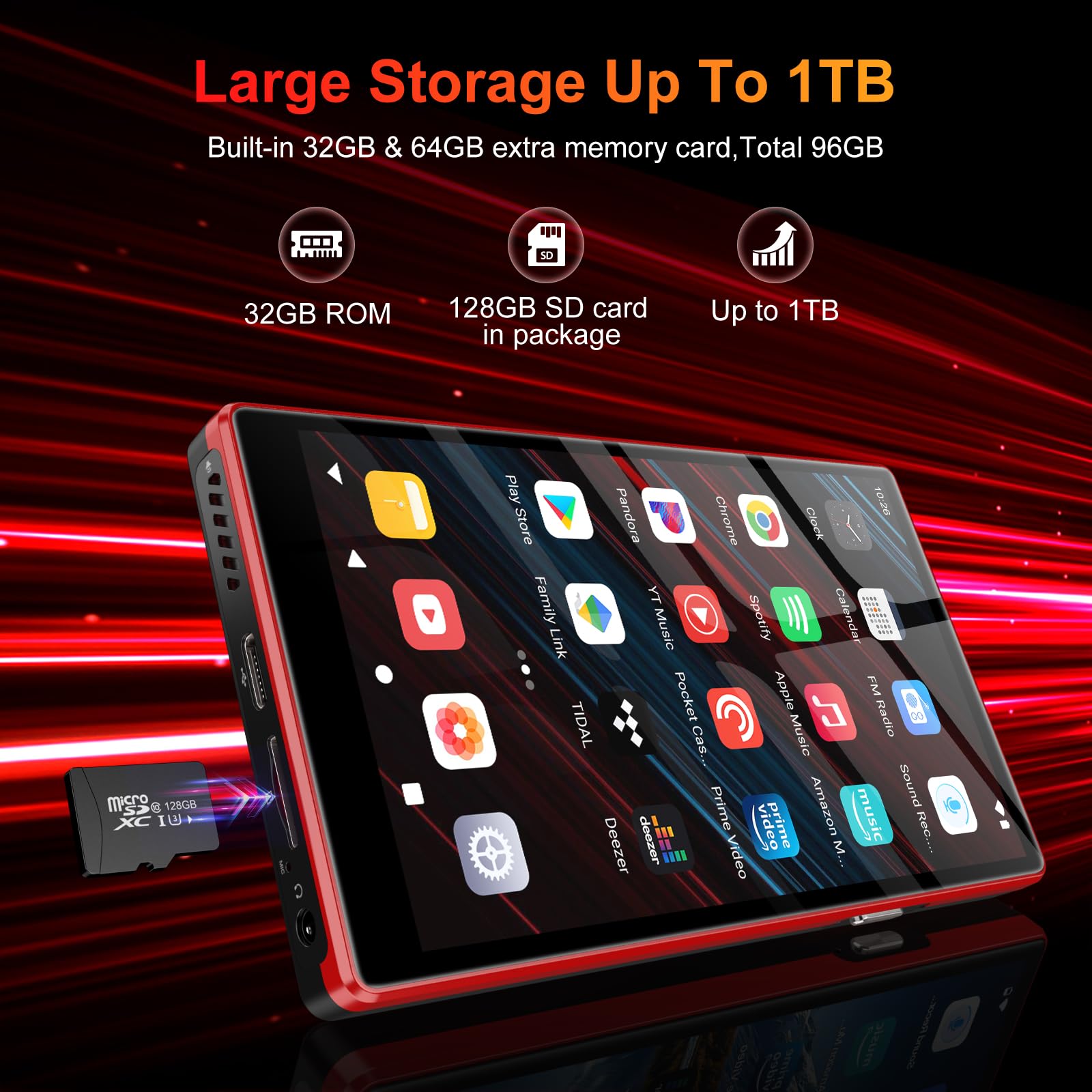 160GB Lettore MP3 con Bluetooth e WiFi, Oilsky 5" MP4 Player HD con Spotify, Amazon Music, Audible, Deezer, Lettore Musicale Android 13 con Touch Screen e Altoparlanti (nero)