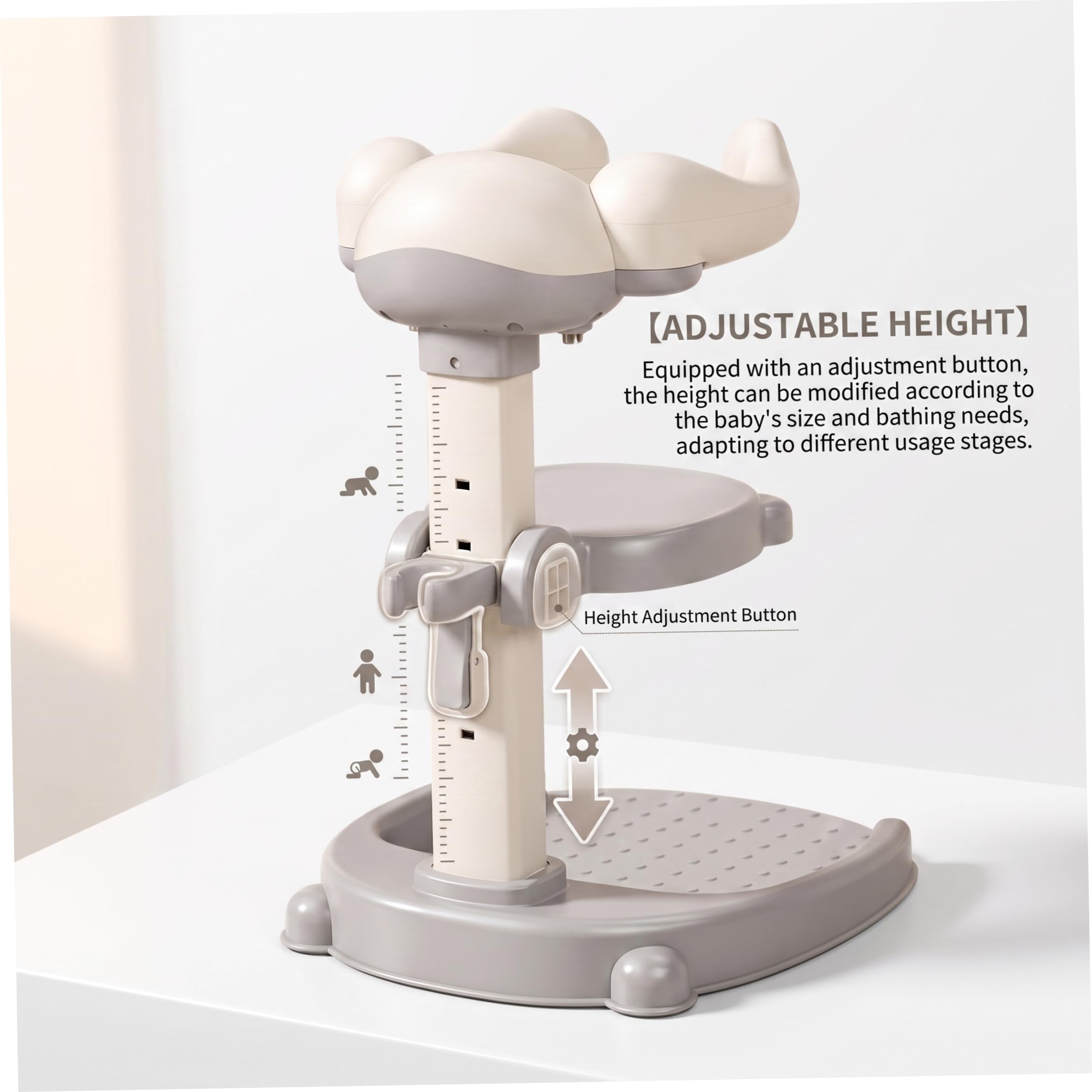 Doccia in piedi per bambini, supporto per bagnetto regolabile con base antiscivolo e sedile rimovibile, grigio