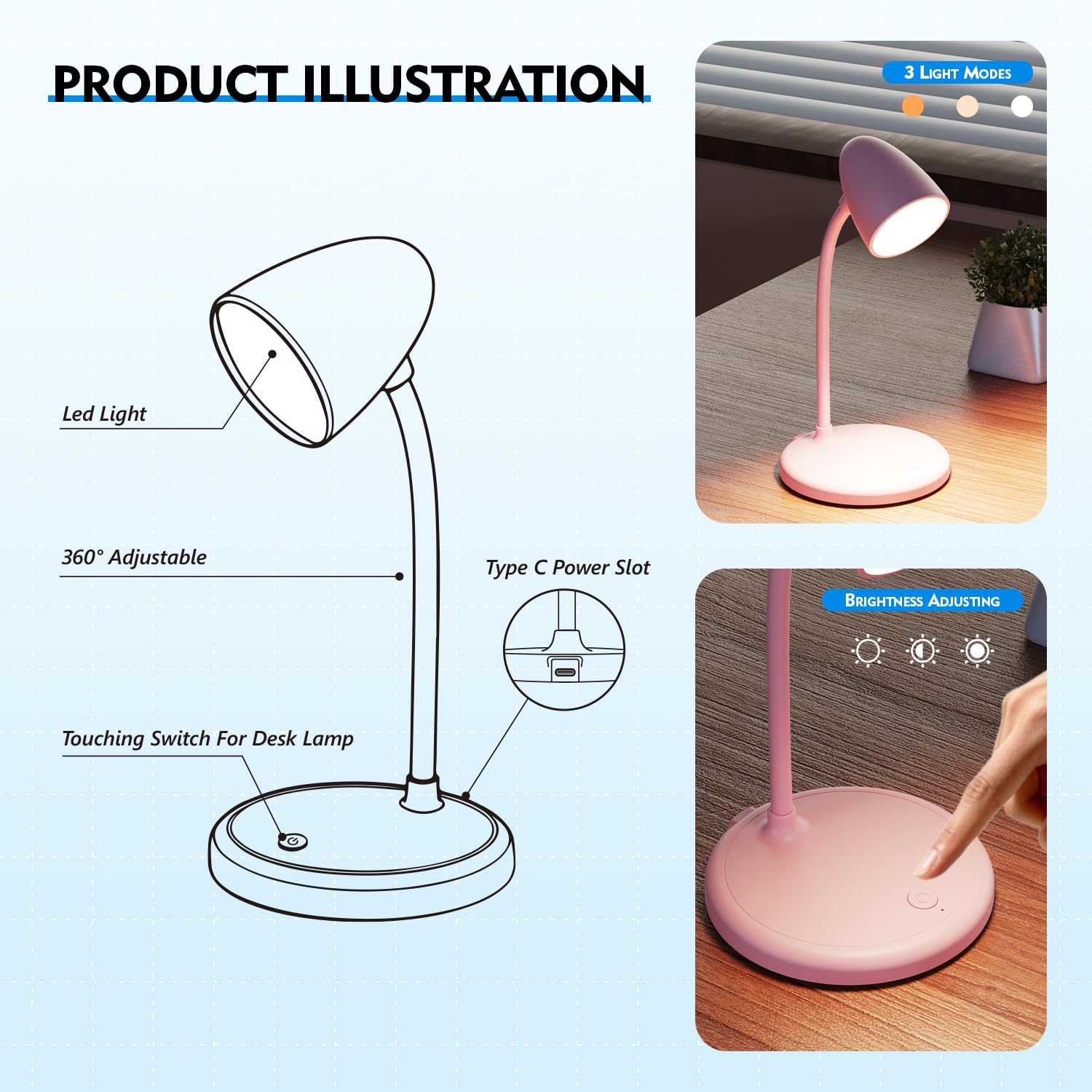 LED Desk Lamp for Home Office,3 Light Colors, Table Lamp,Dimmable Reading Light for Bedside Small Desk Lamp for College Dorm Room,Bedroom Desk Light Pink
