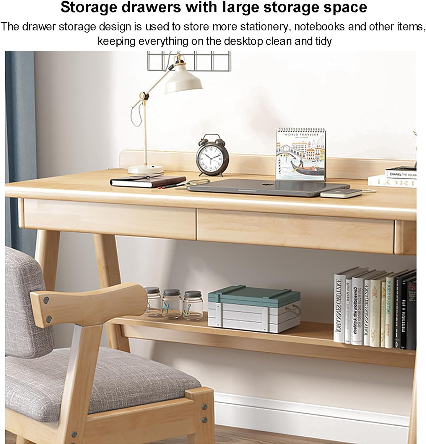 Solid Wood Writing Desk with 2 Drawer and Shelves,Mid-Century Modern Computer Desk with Hooks, Home Office Desk Workstation Work Study Desk Pc Table (80x55x75cm(31x22x30inch), Walnut)