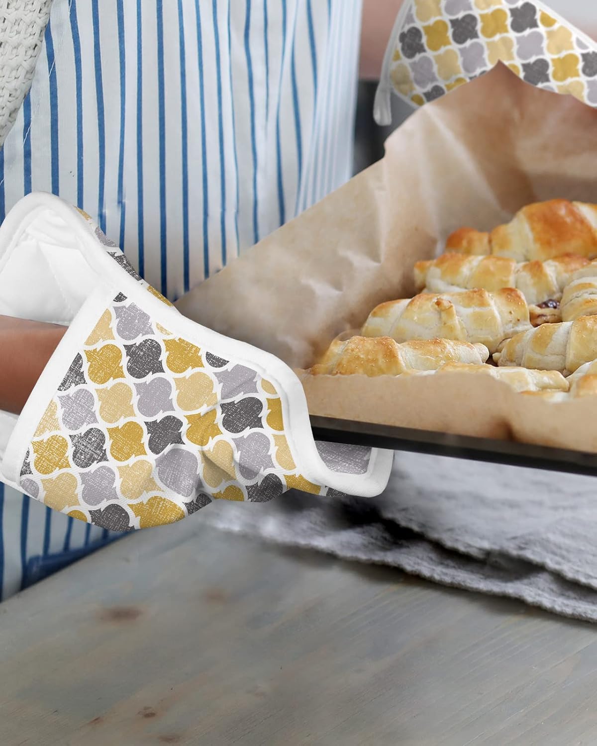 5 Pack Pot Holder with Pocket, Yellow Grey Retro Moroccan Pattern Kitchen Potholders Heat Proof Non Slip Pot Holders Sets, Abstract Geometric Art Hot Pads Potholder for Cooking Baking BBQ