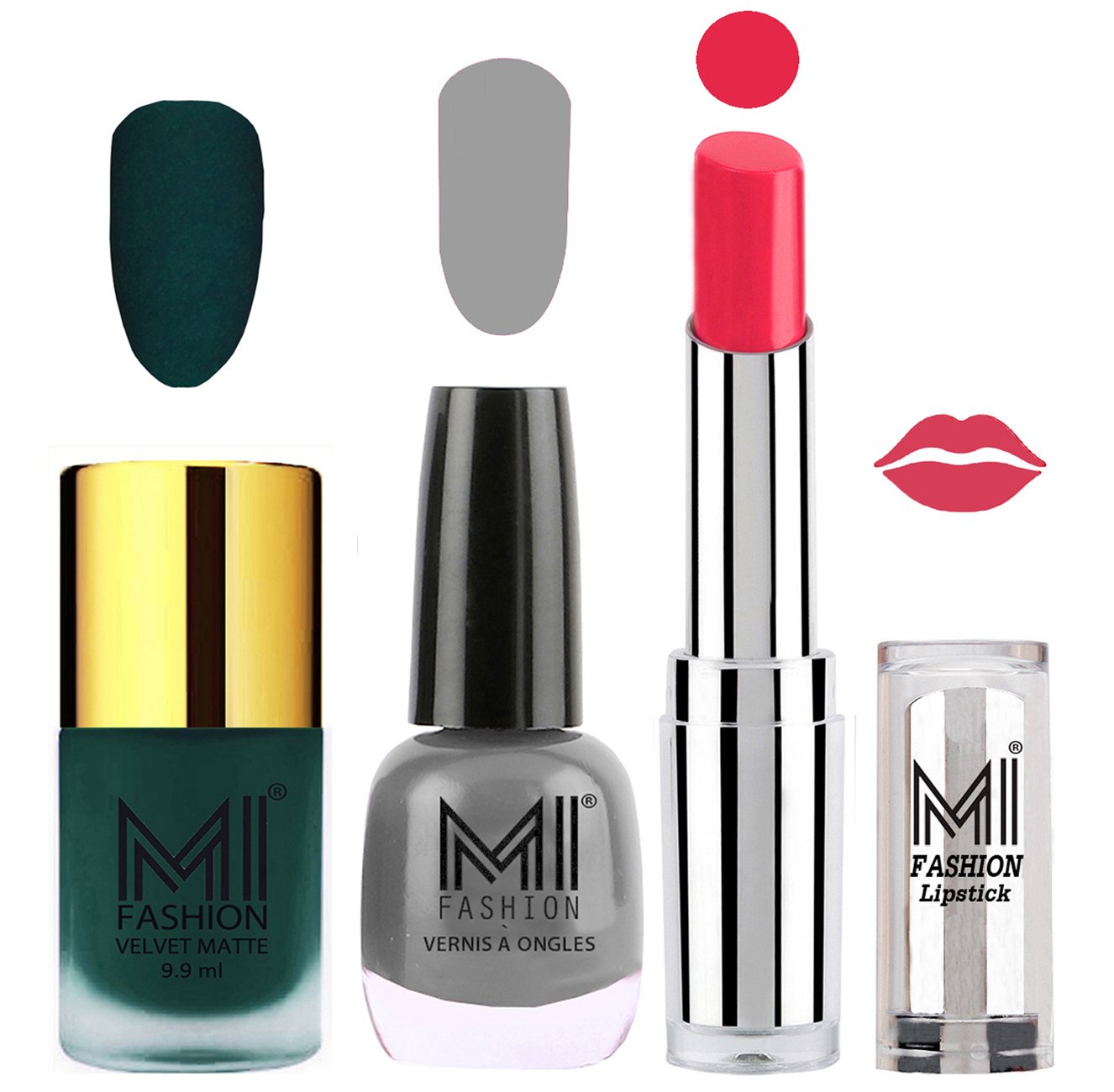 MI Fashion Nail Polish and Lipstick Combo - Dark Green Matte Nail Polish Grey Shine Nail Polish and Magenta Lipstick Set of 3-image-13