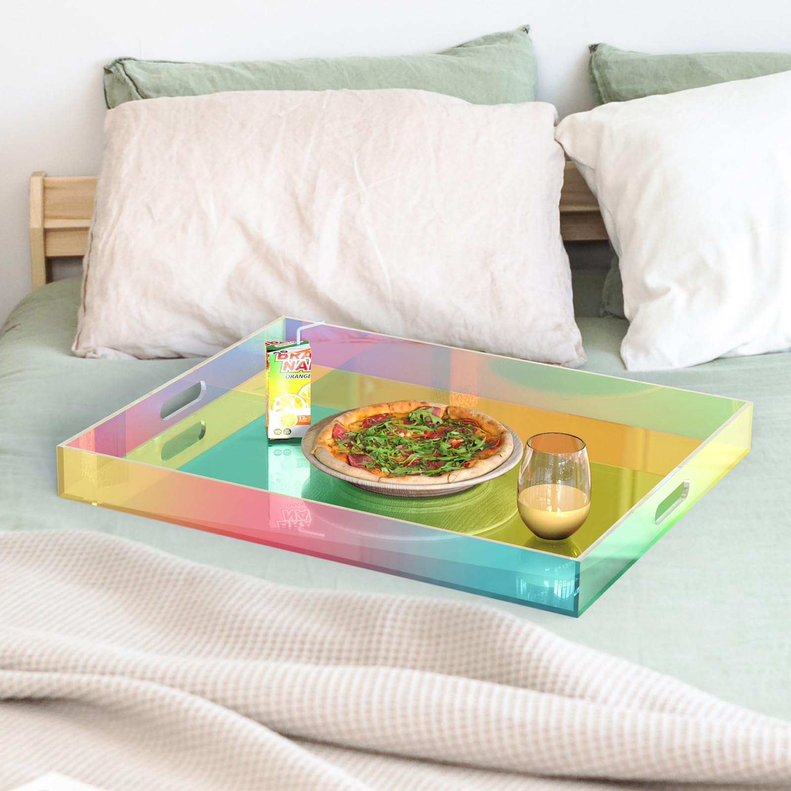 NiHome Bandeja acrílica iridiscente de 20 x 16 pulgadas para organizar y servir, material duradero y fácil de limpiar con diseño reflectante de luz, asas ergonómicas fáciles de llevar, estabilidad
