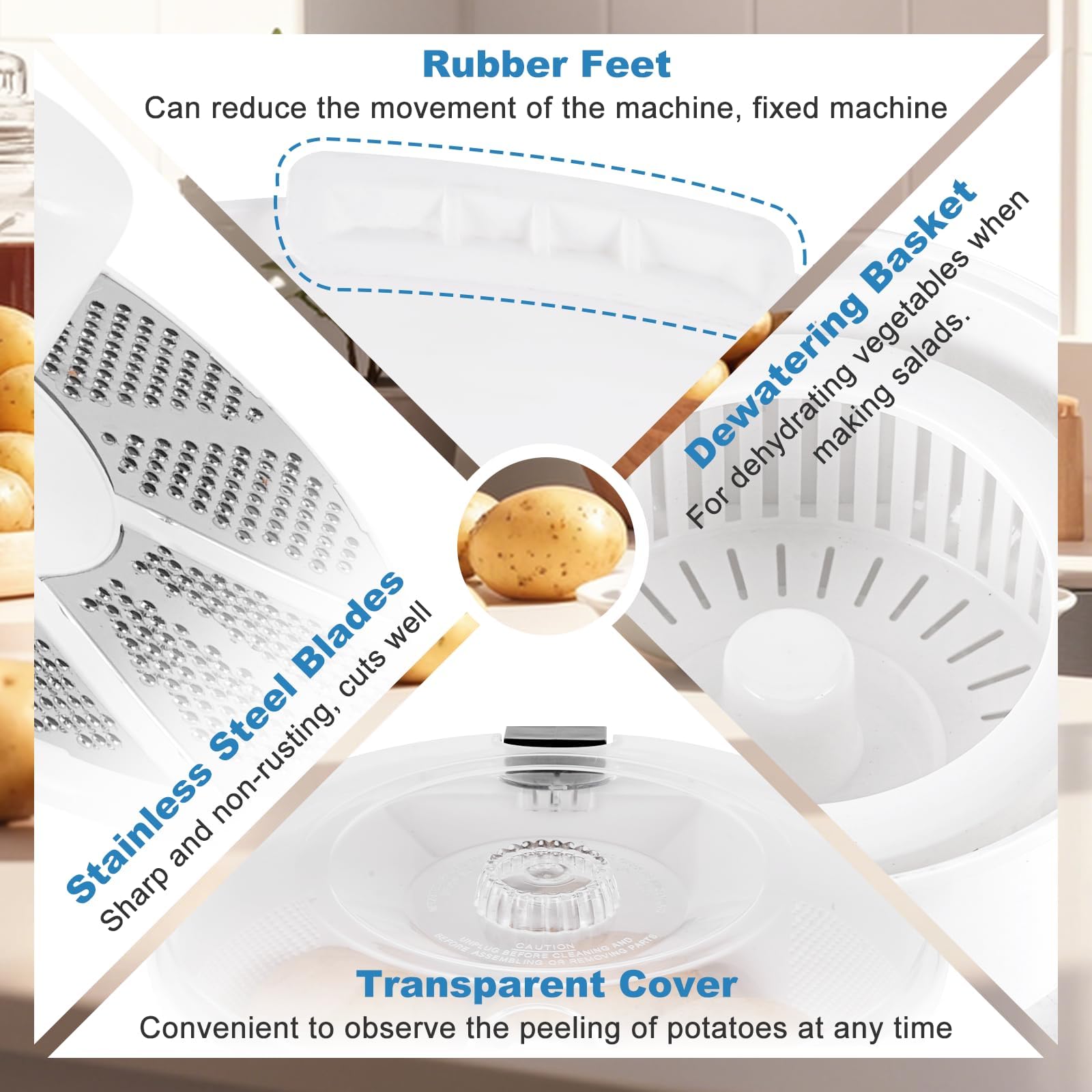 Pelapatate Elettrico, Rumbler Per Patate Elettrico Da 85 W Con Contenitore E Blocco Di Sicurezza Rotante Per Pelare Patate E Centrifugare Le Verdure Per Rimuovere L'acqua In Eccesso