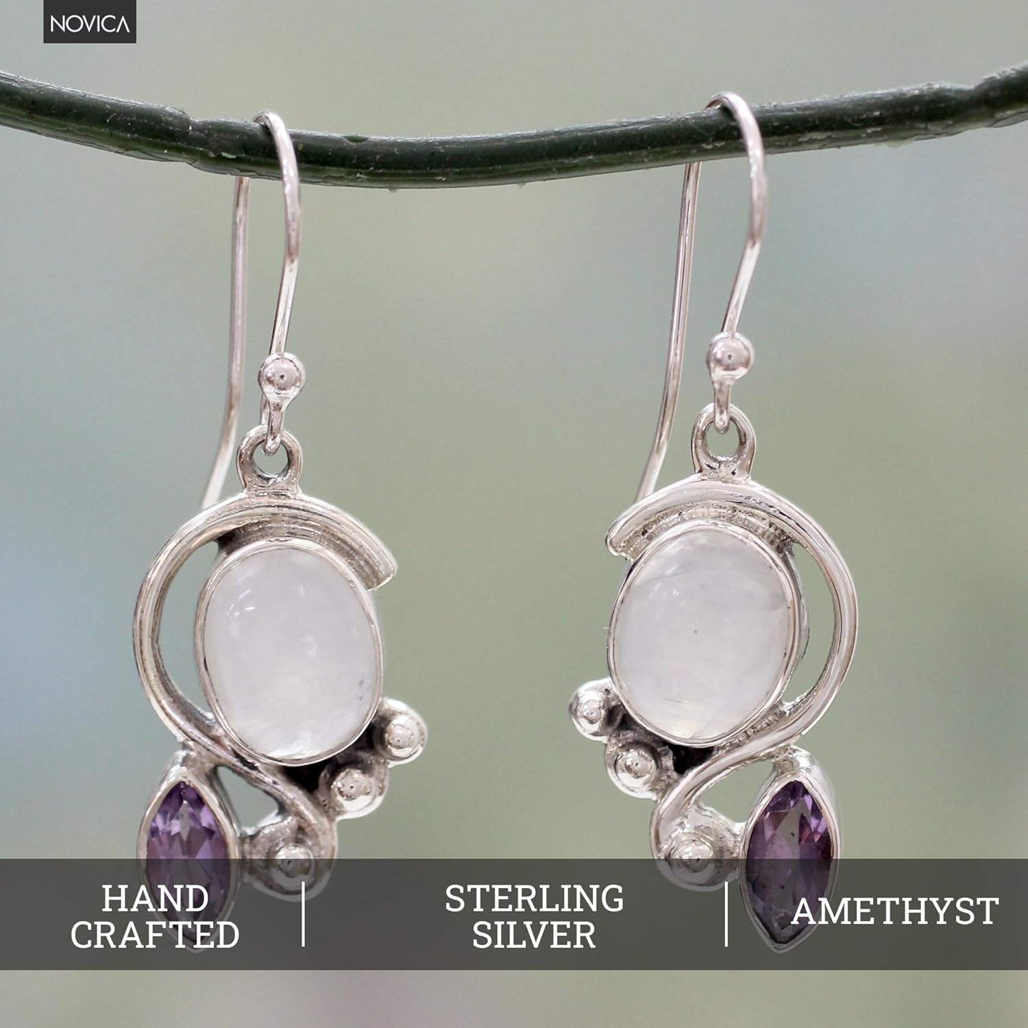 NOVICA Artisan Handmade Rainbow Moonstone Amethyst Dangle Earrings with Silver Sterling Purple Clear India Orchid Birthstone [1.6 in L x 0.5 in W x 0.2 in D] ' Twilight' - Image 4