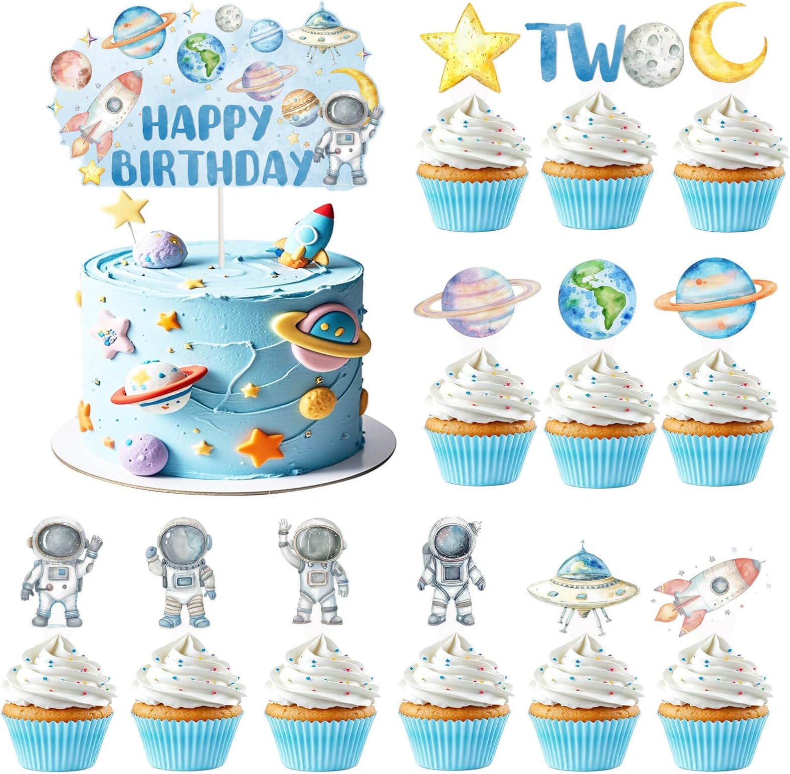 53 Pack Two The Moon Cake Cupcake Toppers Decorations Blue Outer Space Man Galaxy Astronaut Rocket Planet Moon Spaceship Universe Theme Kids Boys 2 Year Old Birthday Party Supplies Decorations