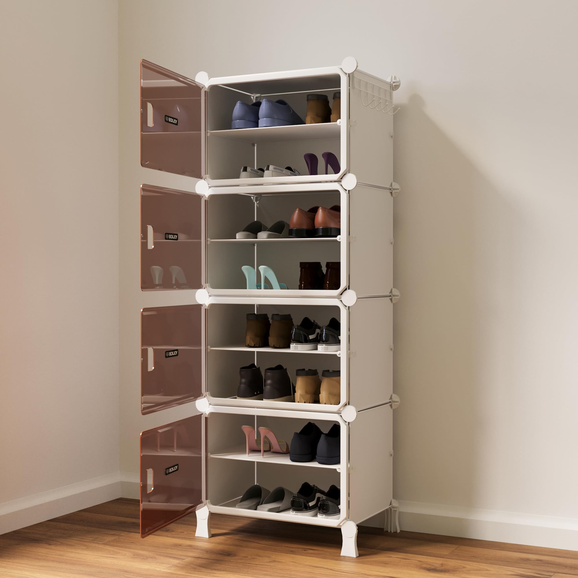 BOXJOY 8 Shelf White Shoe Rack with 4 Brown Doors & Steel Holder | Hard PET Plastic Door with Metal Frame & Wooden Hammer, Home Shoes Stand Organiser with Feet to Cover Sandals Chappal Slipper