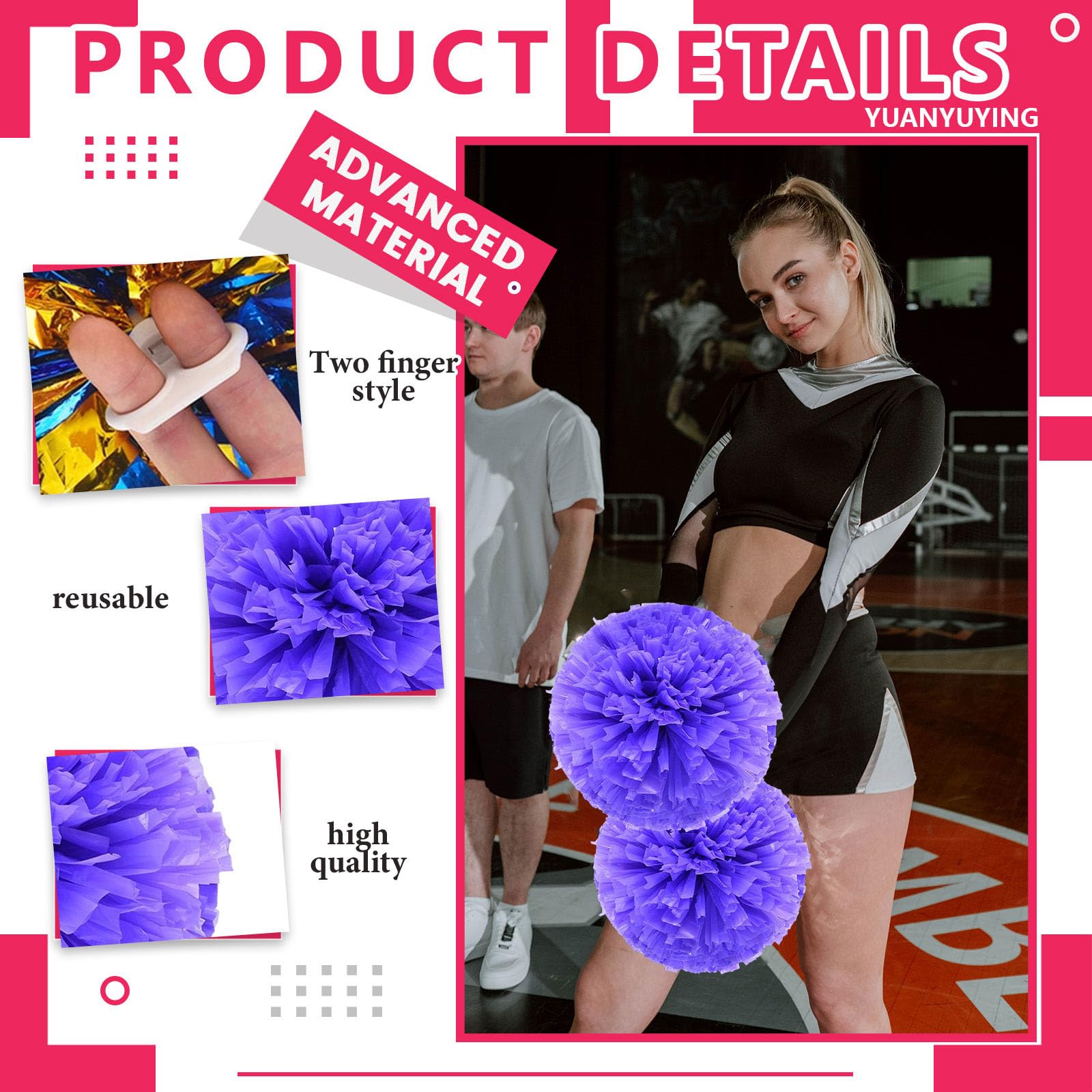 Pompony cheerleaderek, 34,7 cm, ręczne pompony drużyny cheerleaderek, do drużyny sportowej, gry ducha, na imprezę taneczną, dla dorosłych, fioletowe, 20 szt