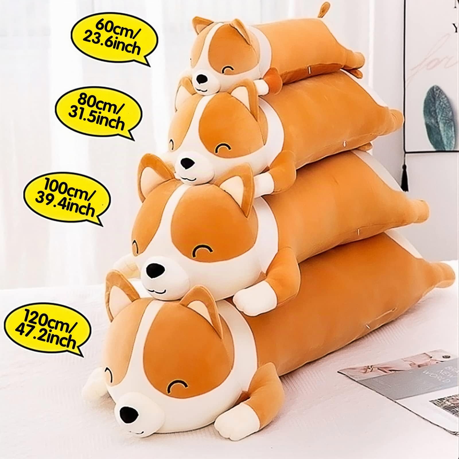 SNOWOLF Shiba Inu Plüschkissen, Plüschtier, Hund, süßer Corgi Akita, weiches Plüschtier, Komfortkissen, Geschenke für Mädchen und Jungen (Gelb, 120 cm)