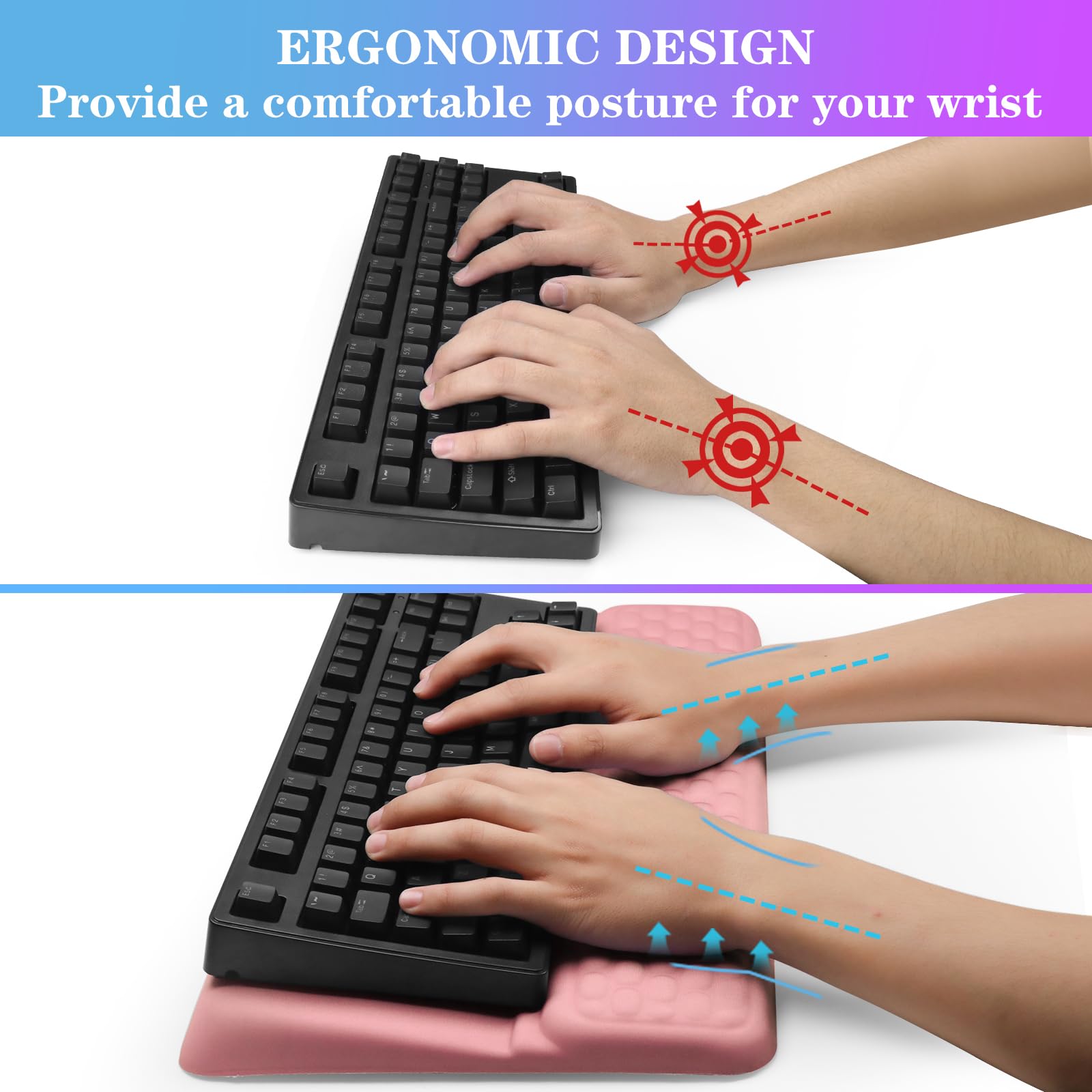 Uchwyt na klawiaturę komputerową z podpórką pod nadgarstek, ergonomiczny uchwyt na klawiaturę, podpórka pod nadgarstek, uchwyt na klawiaturę do biura i domu, kolor różowy