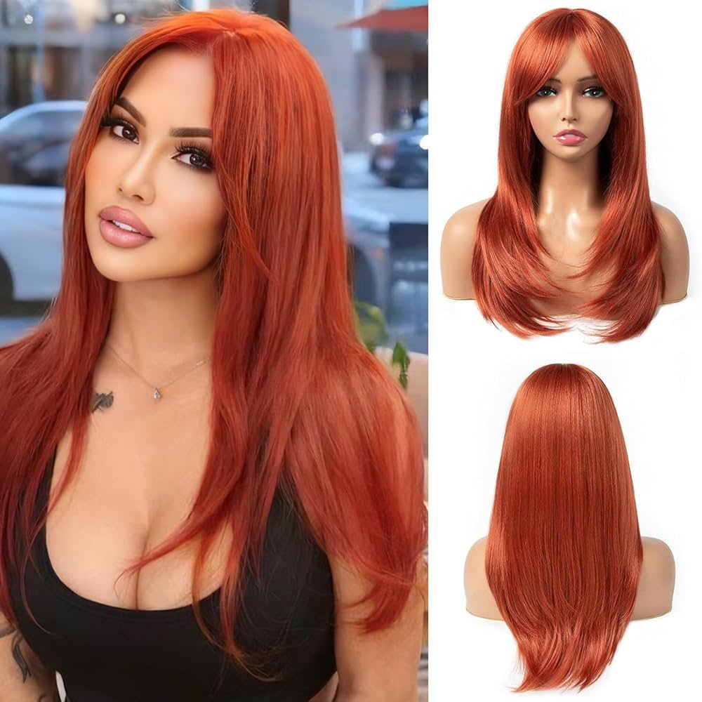 Amazon.com : TuTive Copper red Wig with Bangs 22 Inch Centre Parting Long Straight Layered Wig for Women Natural Looking Heat Resistant Synthetic hair Wigs for Daily Party Use(Copper red) : Beauty