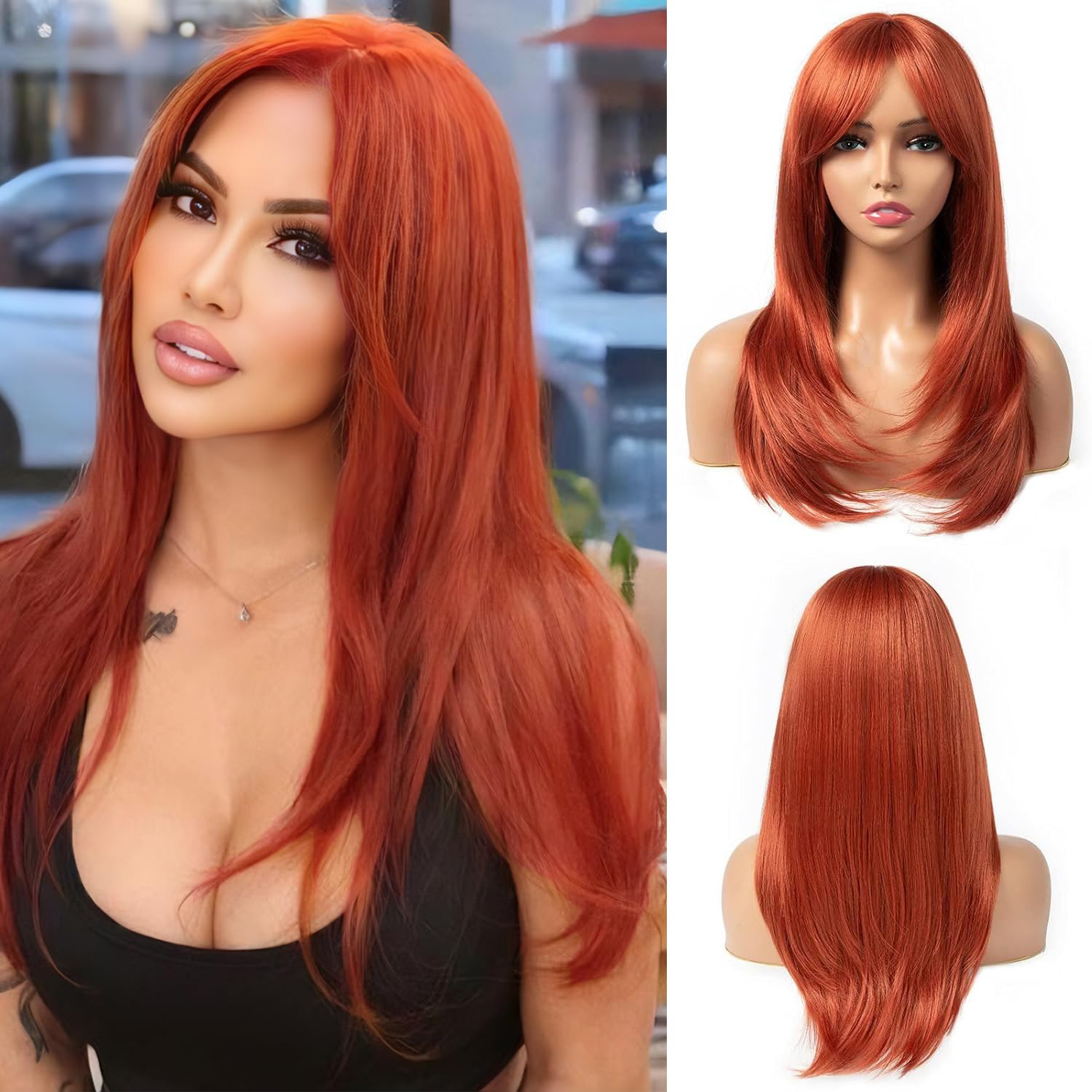 Copper red Wig with Bangs 22 Inch Long Straight Layered Wig S4281124f2c4e4aafb58c029793e5d  main image 3