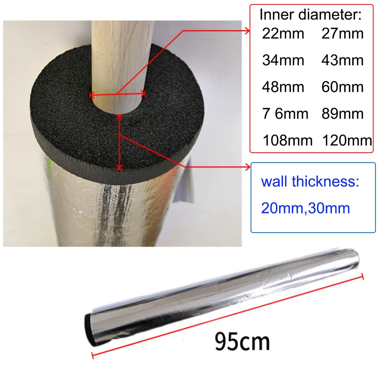 Tubo Isolante in Schiuma per Tubi da 22-120 mm, Isolante per Tubature Autoadesivo,Tubo Isolante in Foglio di Alluminio, Spessore della Parete 20 mm, Lunghezza 95 cm
