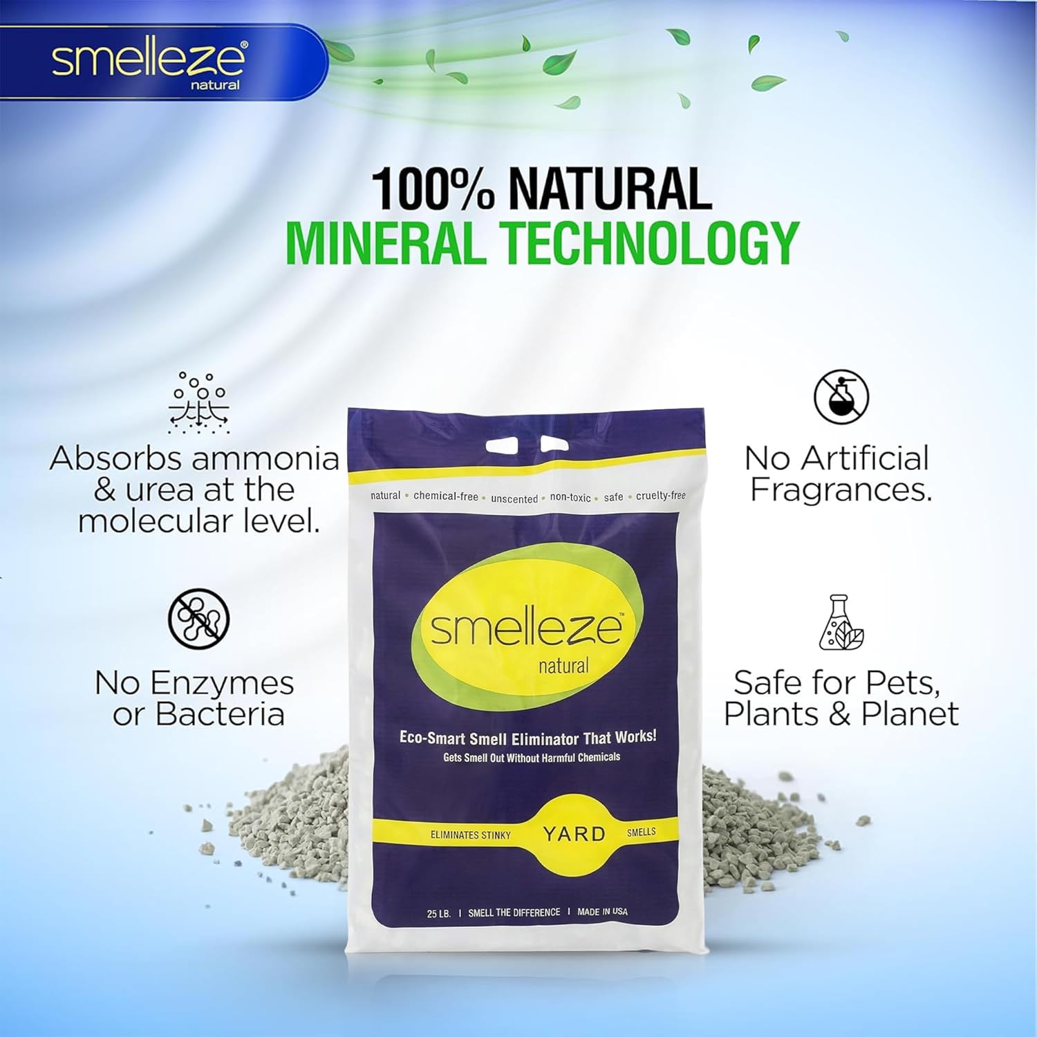 SMELLEZE 25 lb. Yard Odor Eliminator for Dogs – Long-Lasting Turf Cleaner for Pet Urine Outdoor & Poop | Safe for People, Pets, Plants & Planet | Works on Grass, Gravel, Patios & Kennels