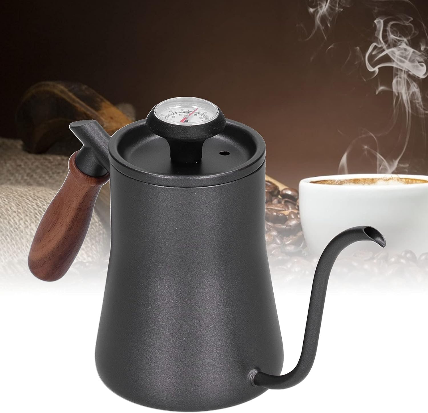 AYNEFY 550ml Gooseneck Coffee Kettle,Wooden Handle Long Mouth Precise Water Control Stainless Steel Pour Over Coffee Maker Tea Pot Teapot Tea Kettle with Thermometer (Black (Thermometer Model))