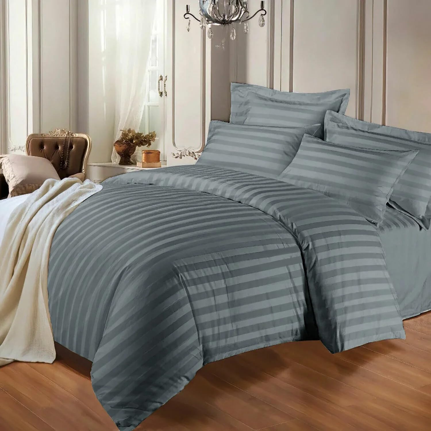 Opulent Living King Size Duvet Cover Set With Pillowcases, Soft Egyptian Cotton Microfiber Bedding Set, Striped Quilt Cover Set, Breathable Easy Care Bedding Set - King (UK Standard) Charcoal