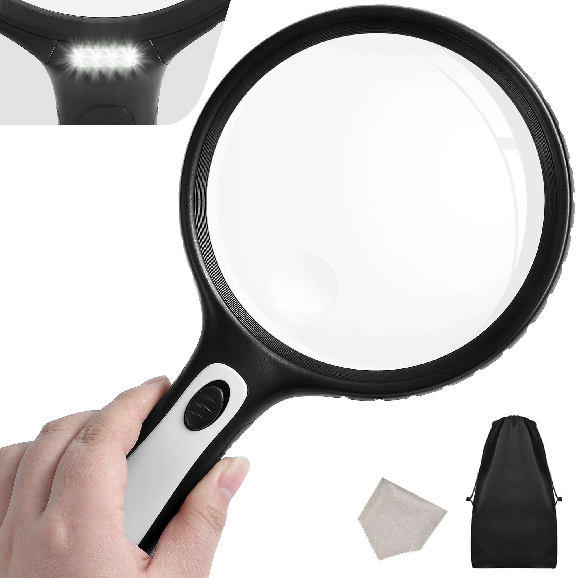 Large Magnifying Glass with Light, 10x 20x Handheld Clear Magnifying Glass with 4 LED high Brightness Lights, Free Storage Bag, Cleaning Cloth, Suitable for The Elderly to Read, Check