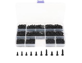LBY 1000pcs M1.4 M1.7 M2 M2.3 Round Pan Head Self-Tapping Screws Assortment Kit, Sheetmetal, Electronic Screws, Mini Wood Screws, 10 Sizes, Carbon Steel Black