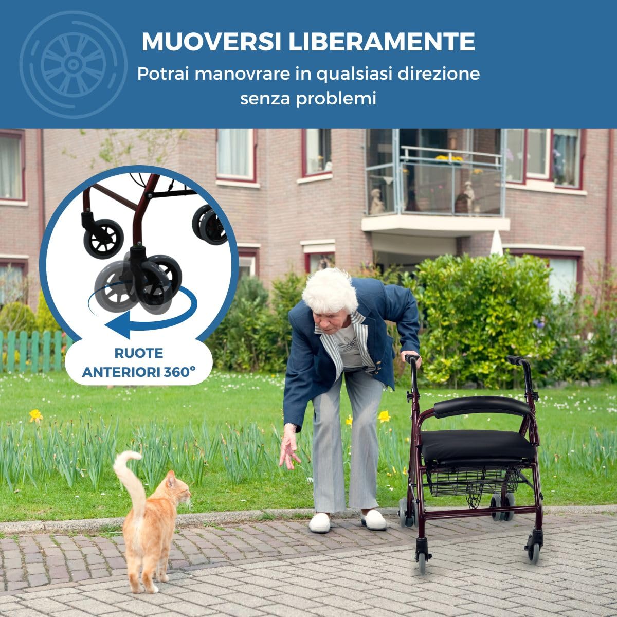 Mobiclinic, Deambulatore con cuscino in memory-foam, Prado plus freni a pressione, Alluminio, Pieghevole, Cesta, Seduta, Per, Girello anziani, Leggero, 4 ruote, Bordeaux