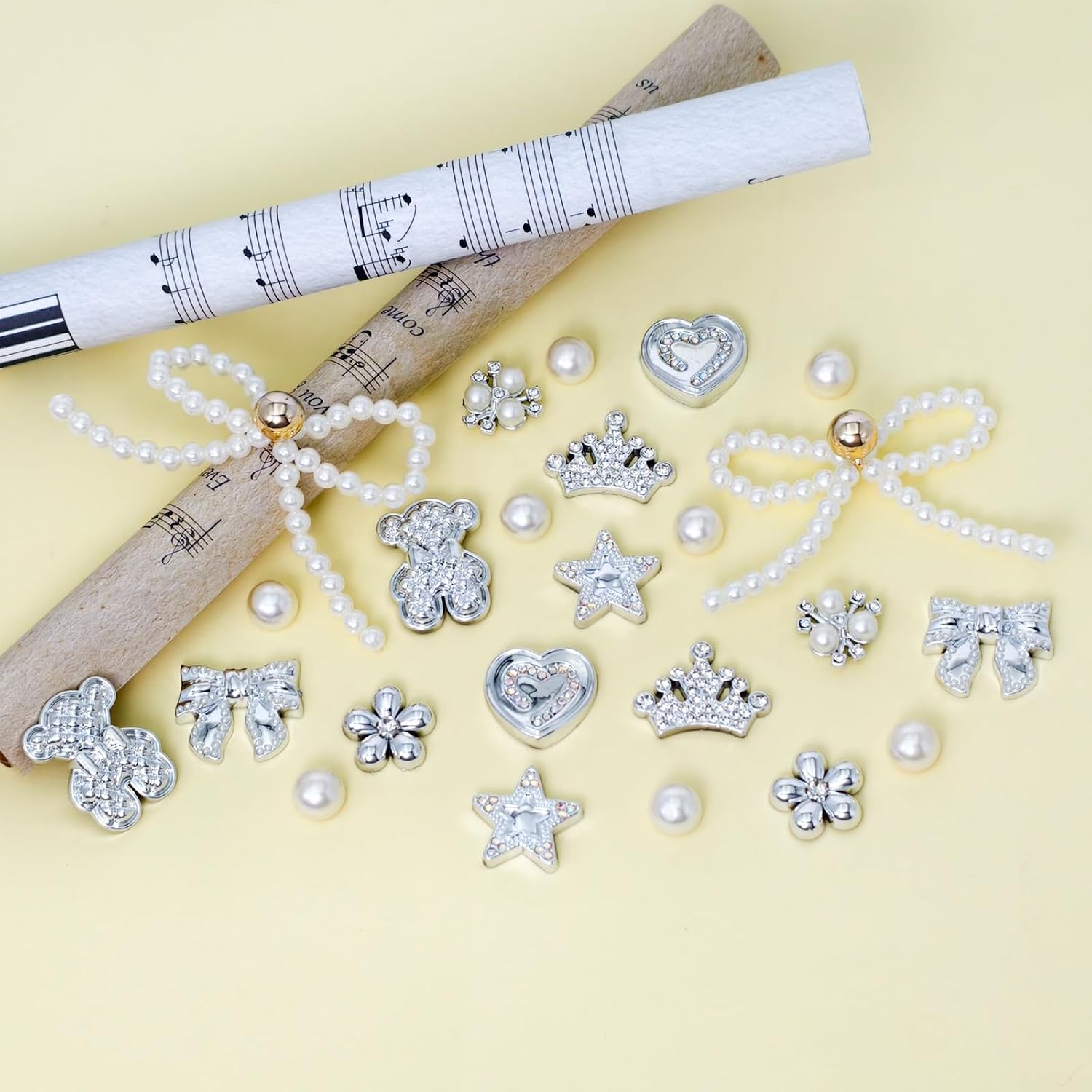 24Pcs Bling Pearl Bow Shoe Charms for Sandals Women, Bear, Flower, Pearl Accessories, DIY Shoe Decoration Charms for Girls