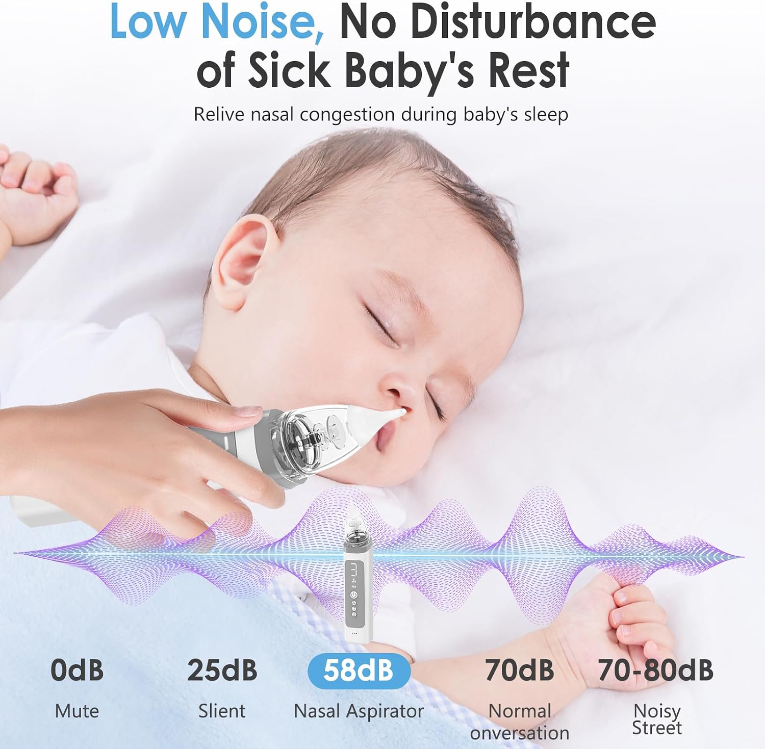 Electric Nasal Aspirator for Baby, Baby Nose Sucker for Newborn, Toddler, Nose Suction with 3 Suction Levels, Nasal Aspirator for Congestion Relief with Music & Light Soothing, 3 Silicone Tips