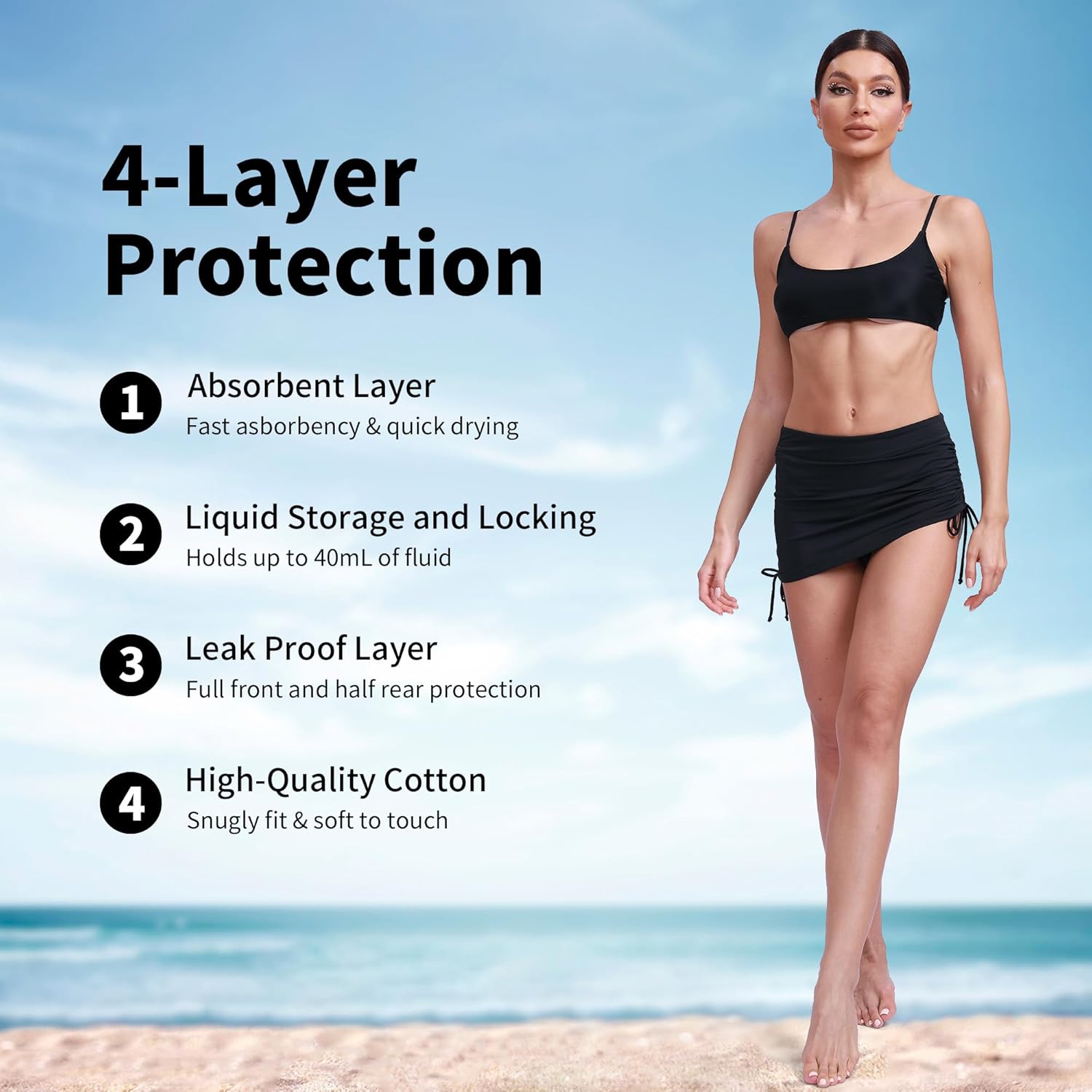 Period Swimwear-Women's Mid Waisted Swim Skirt Tummy Control Ruched Drawstring Swimsuit Bottom with Built in Panty