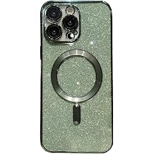for iPhone 15 Pro Max Case, Compatible with Magsafe Wireless Charger, Shiny Glitter Electroplated Shockproof Soft TPU Silicon Back Cover for Ladies Girls Green