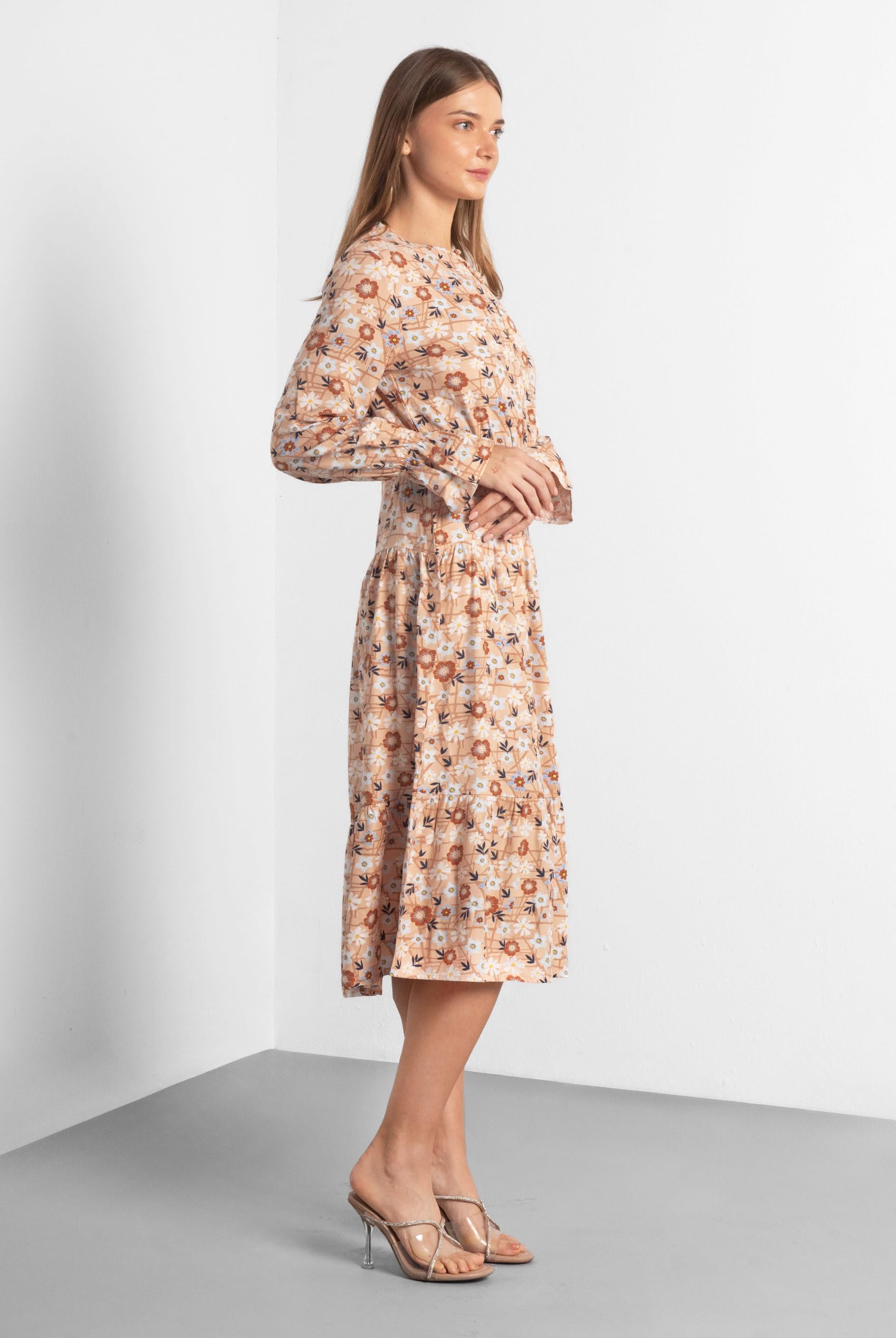 Vestido midi de viscosa de manga larga para mujer con estampado floral, elegante cuello de botón, cremallera lateral discreta y diseño escalonado para un estilo sin esfuerzo