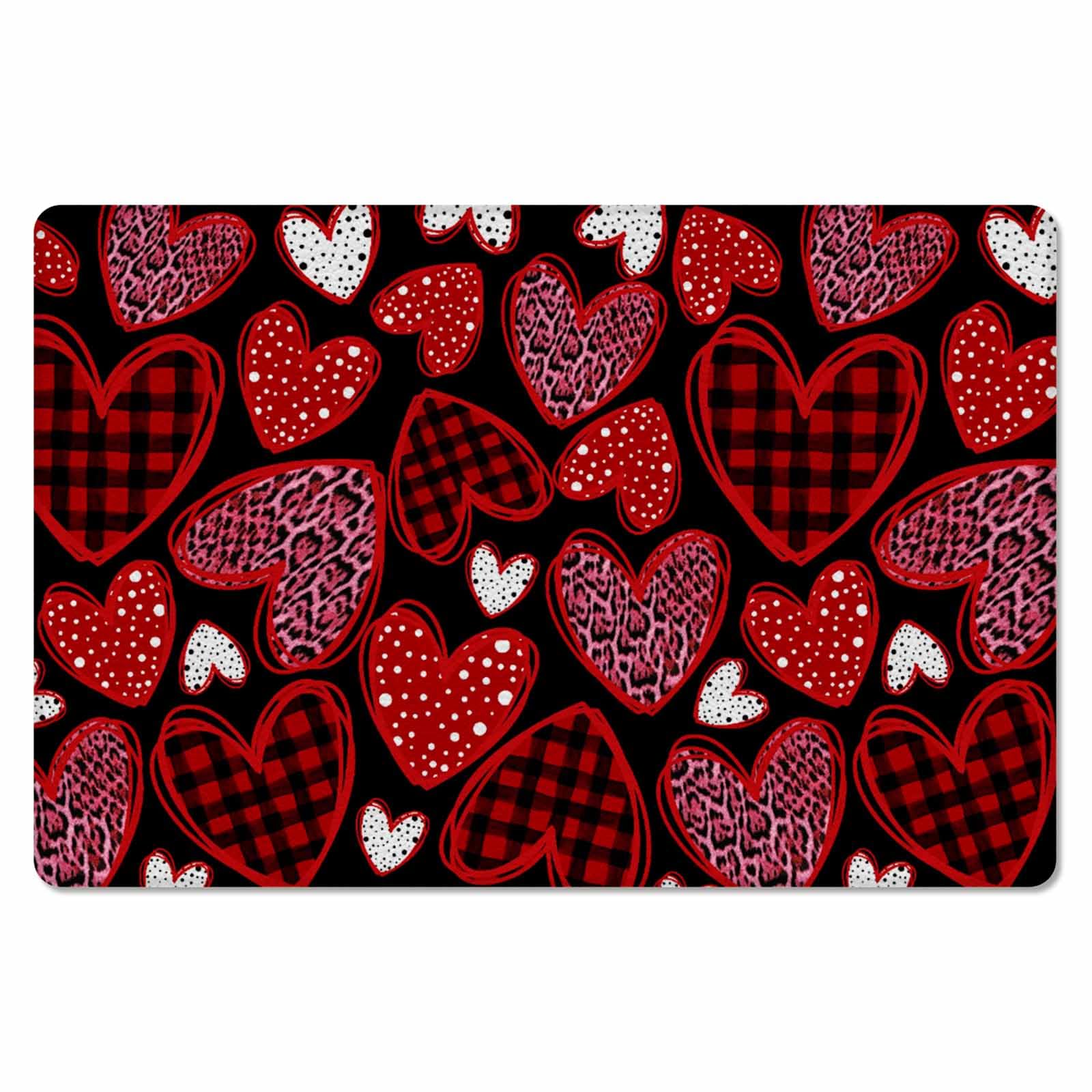 Valentine's Day Kitchen Bath Door Mat Cushioned Runner Rug,Washable Welcome Floor Sink Antifatigue Mat,Waterproof & Non-Slip Comfort Standing Doormat,Leopard Print Plaid Love Heart Red 18