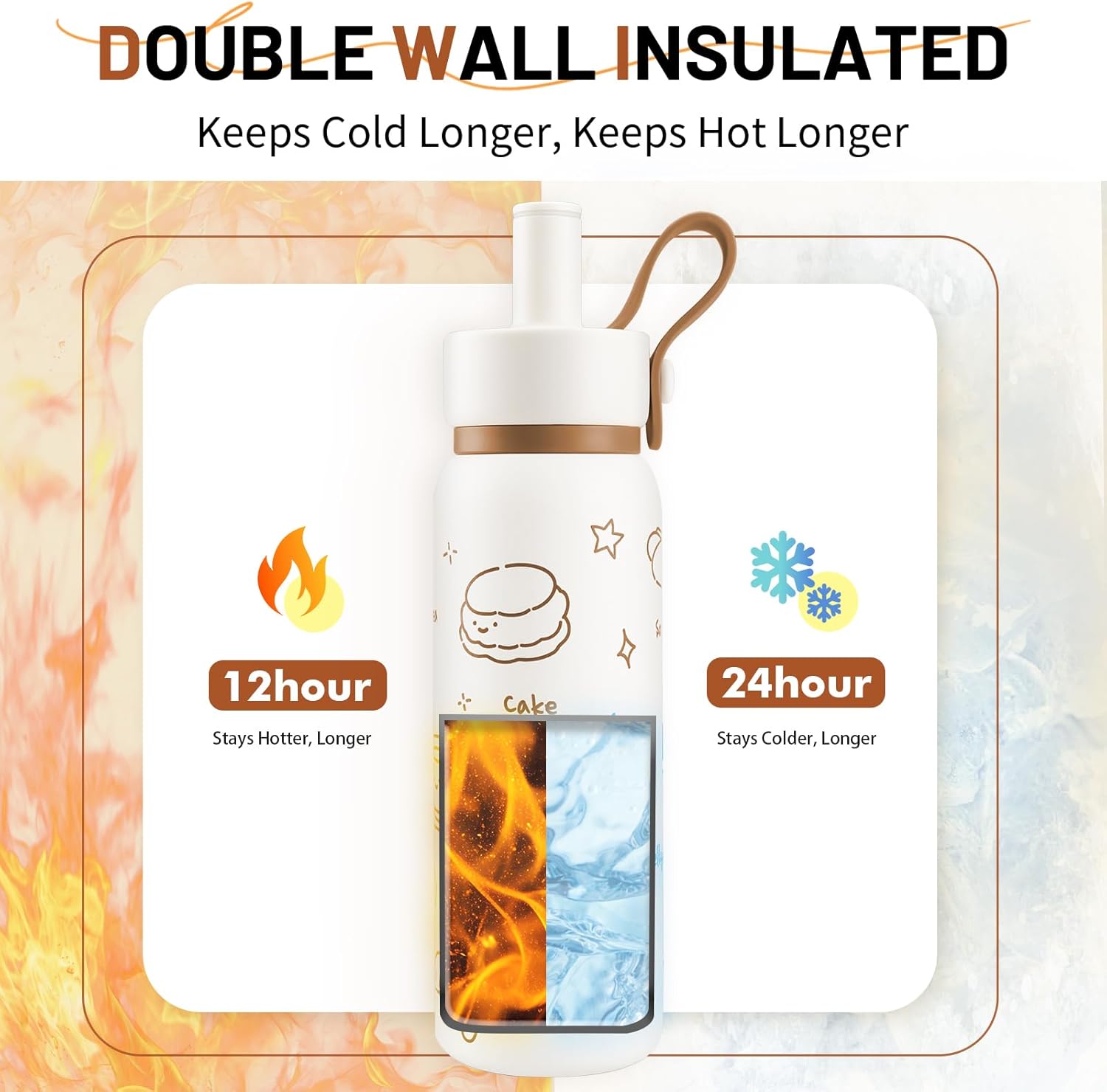 24 oz Insulated Water Bottle with Straw & Handle, Cute Double Wall Vacuum Stainless Steel Tumbler, Fits Car Cupholder, Leak Proof Water Flask Jug for Travel, Camping, Gym and School (Brown) - Image 6