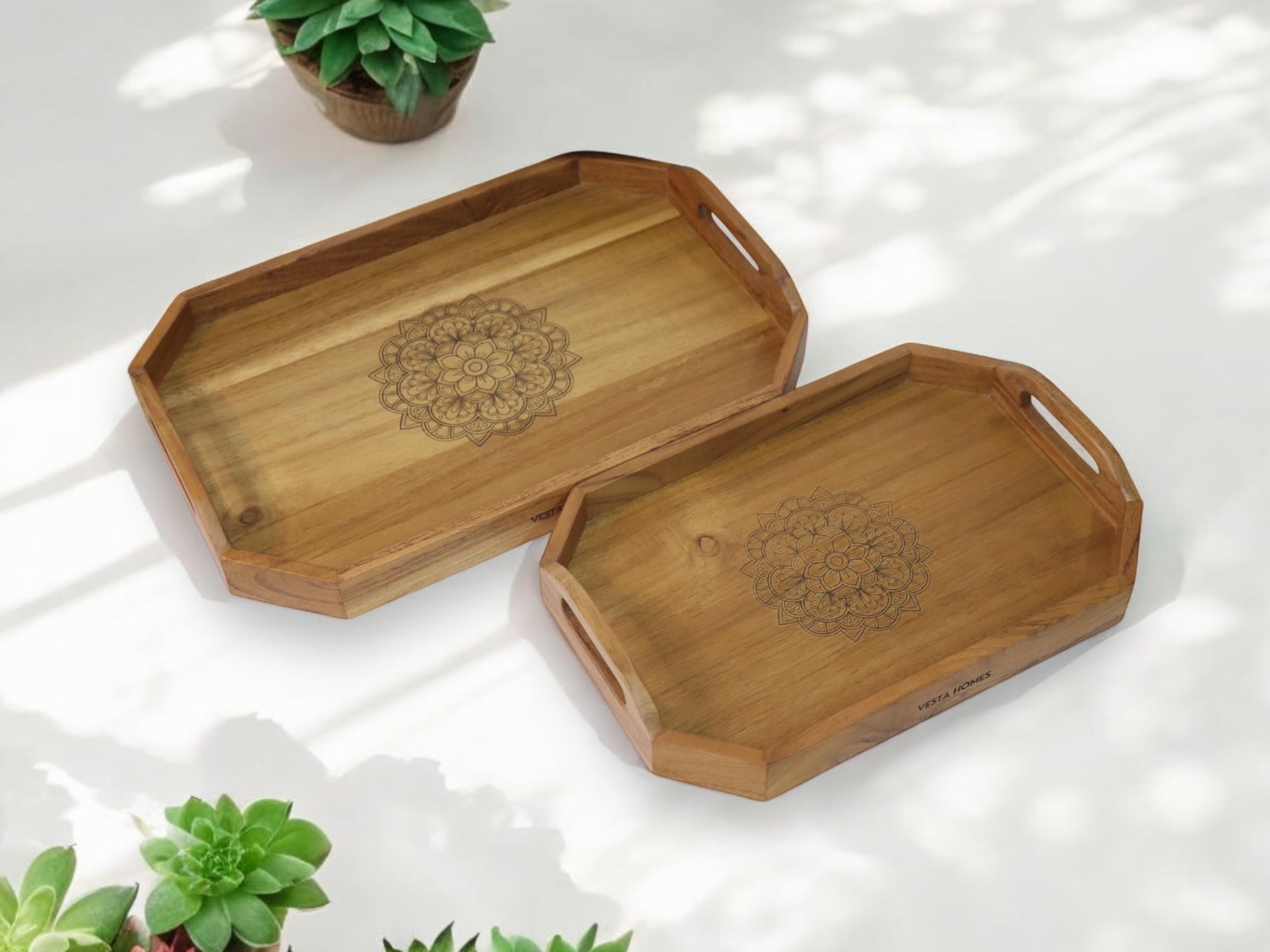 Vesta Homes Vassoio da portata in legno per casa, cucina, ristorante, ufficio, tavolo da pranzo, legno di acacia, finitura teak, 38 x 25,5 x 5,7 cm, colore: marrone