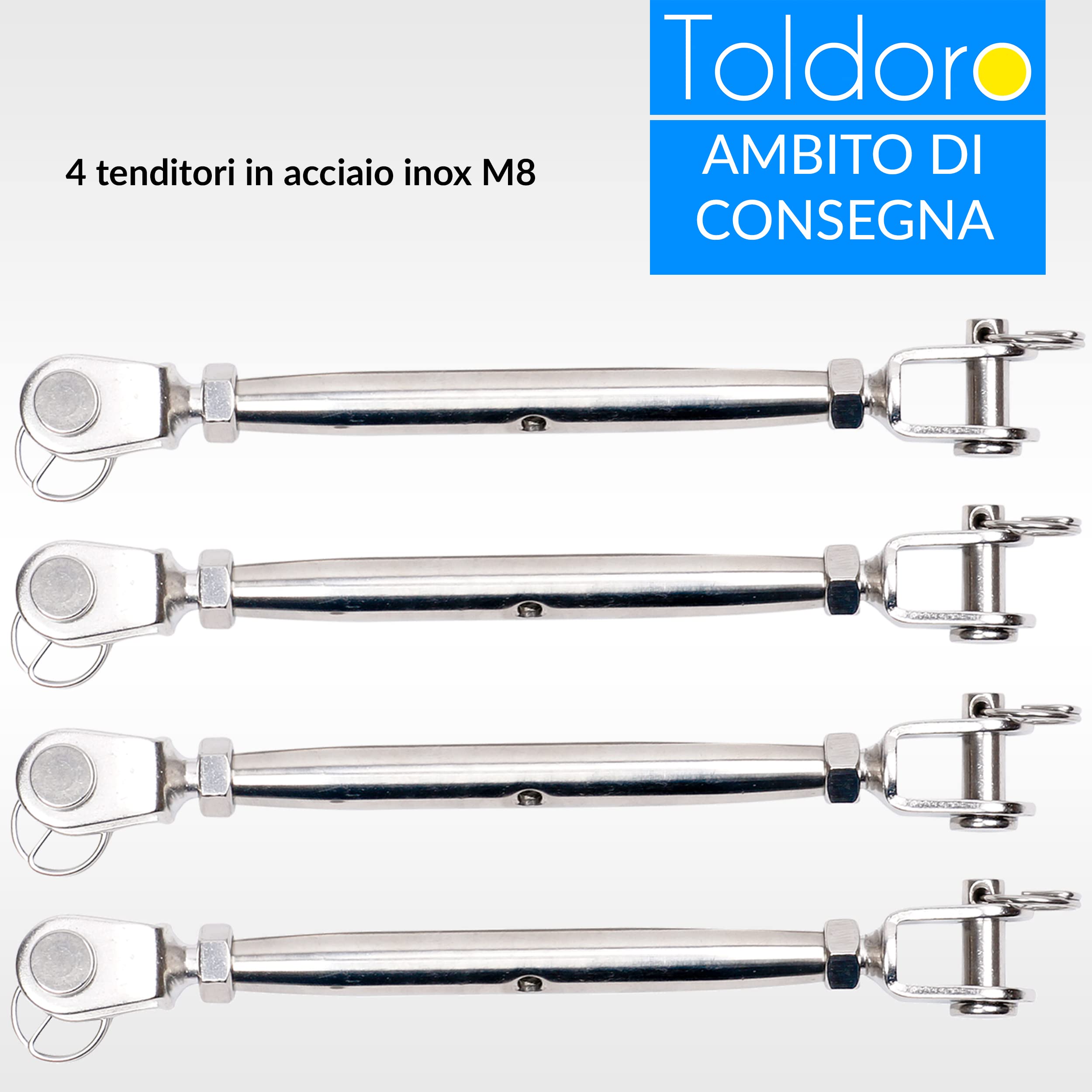 Toldoro, 4 tenditori M8 in acciaio inox, gancio, tirante per sartiame, tendicinghia a doppia forcella per fune, per tendone e barca a vela, forma chiusa