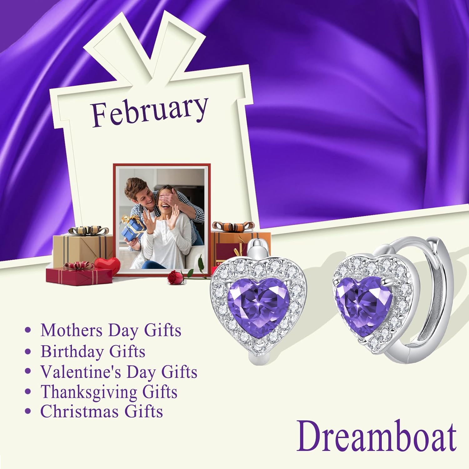 Dreamboat Heart Birthstone Small Hoop Earrings for Women 925 Sterling Silver Cubic Zirconia Heart Huggie Earring Anniversary Birthday Jewelry Gifts for Mom Wife Her - Image 3