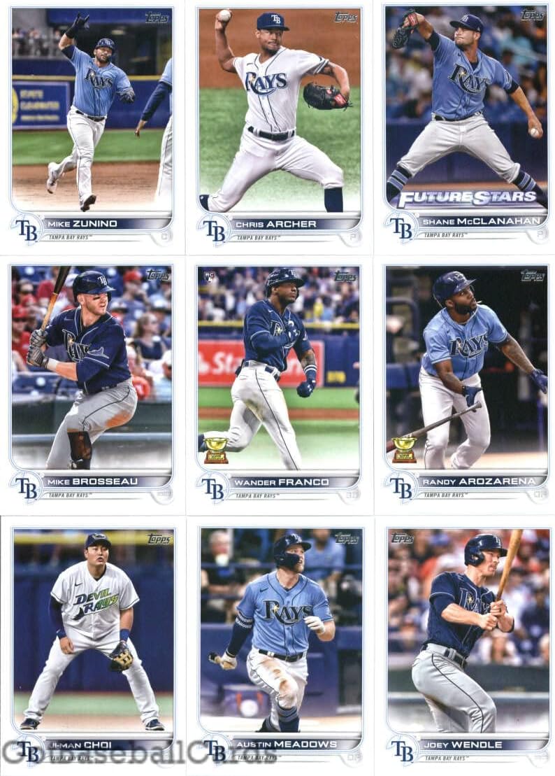 2022 Topps Master (Series 1, 2, Update) Tampa Bay Rays Team Set of 37 Cards: Vidal Brujan(#25), Nelson Cruz(#104), Joey Wendle(#145), Austin Meadows(#152), Ji-Man Choi(#183), Randy Arozarena(#196), Wander Franco(#215), Mike Brosseau(#223), Shane McClanahan(#244), Chris Archer(#254), Tampa Bay Rays(#274), Tyler Glasnow(#302), Mike Zunino(#324), Francisco Mejia(#346), Shane Baz(#421), Kevin Kiermaier(#454), Josh Lowe(#479), plus more - GotBaseballCards