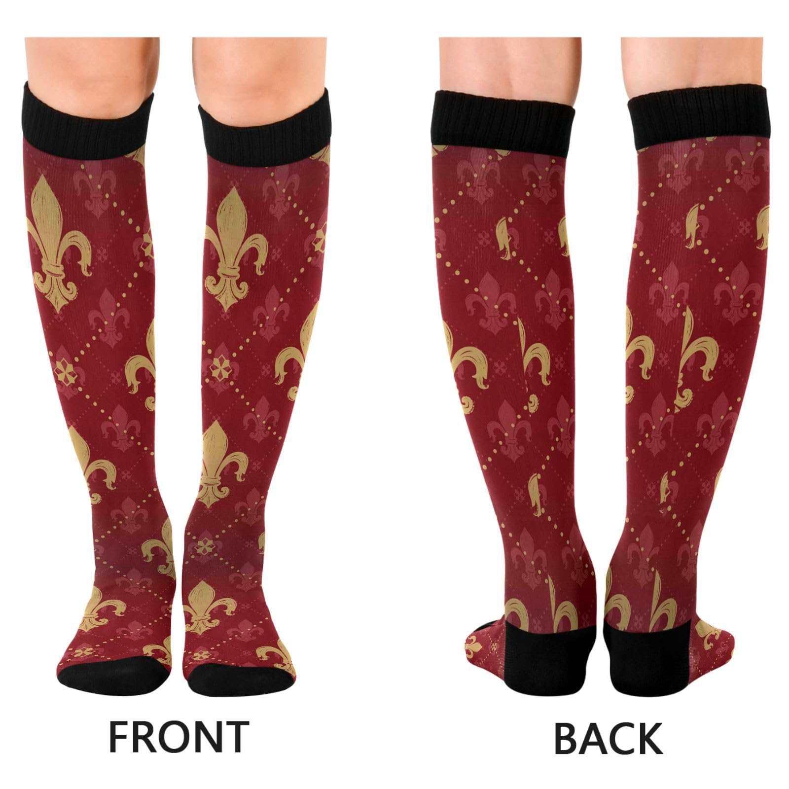 Dussdil Mardi Gras Gold Red Fleur De Lis Compression Socks for Women Men Christmas Circulation Long Knee Socks for Winter Warm Stockings Socks