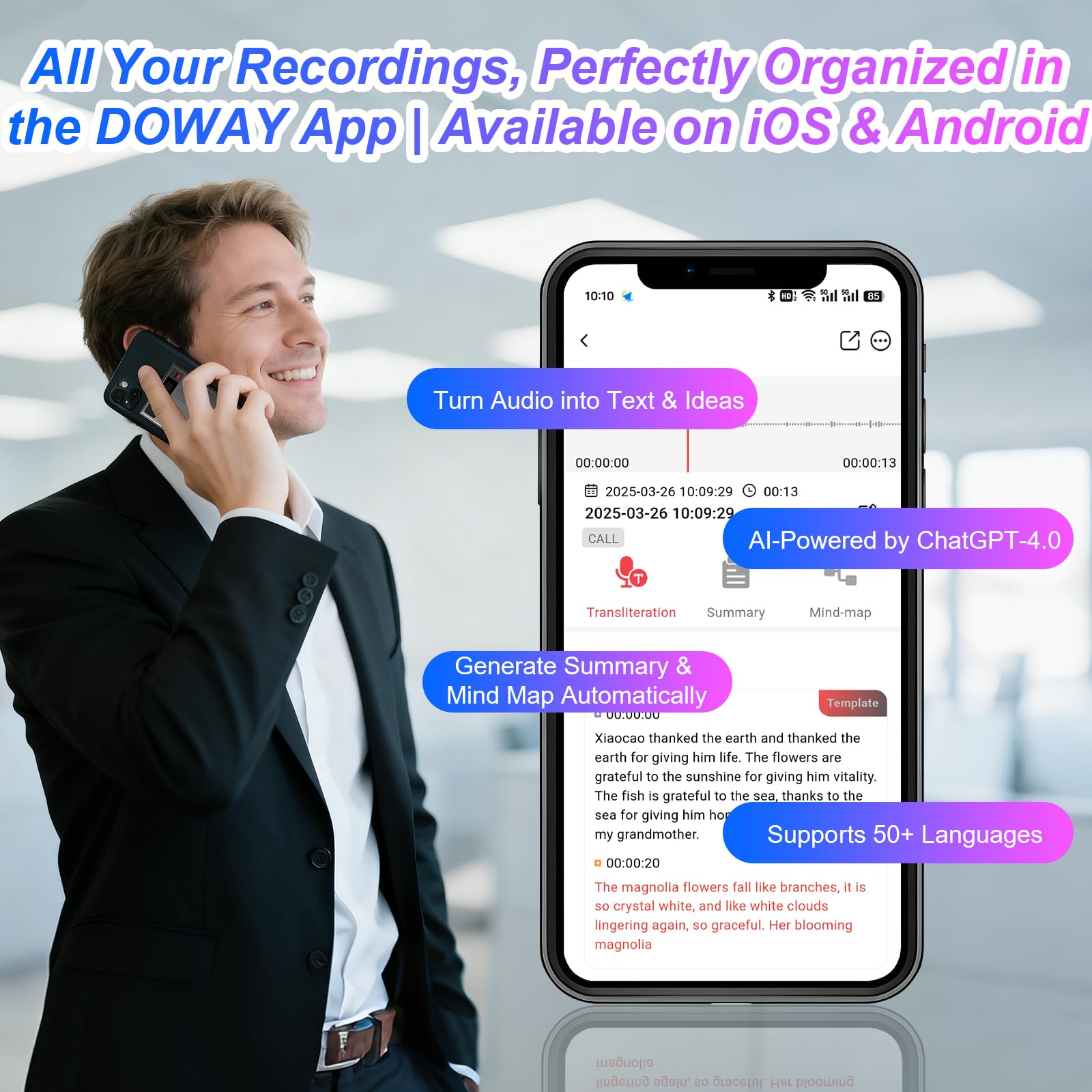 Registratore Vocale IA Qoosea, 64GB con Trascrizione ChatGPT-4.0 e Mappa Mentale, Controllo App per Riunioni, Lezioni, Chiamate, Doppia Modalità di Registrazione, Servizio AI Gratis 1 Anno