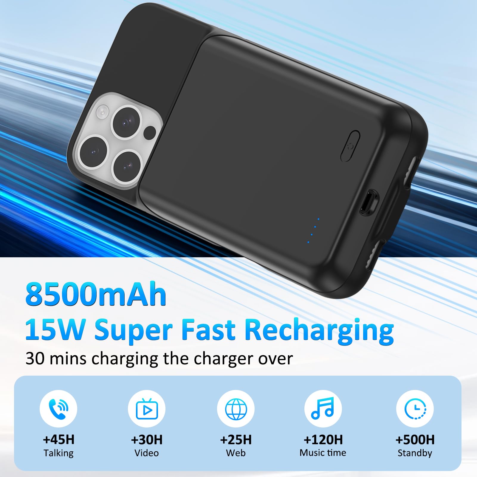 Custodia Batteria per iPhone 16 Pro,8500mAh Portatile Caricabatterie Ultra Sottile Power Bank Cover Batteria per iPhone 16 Pro（6.1“）-Nero