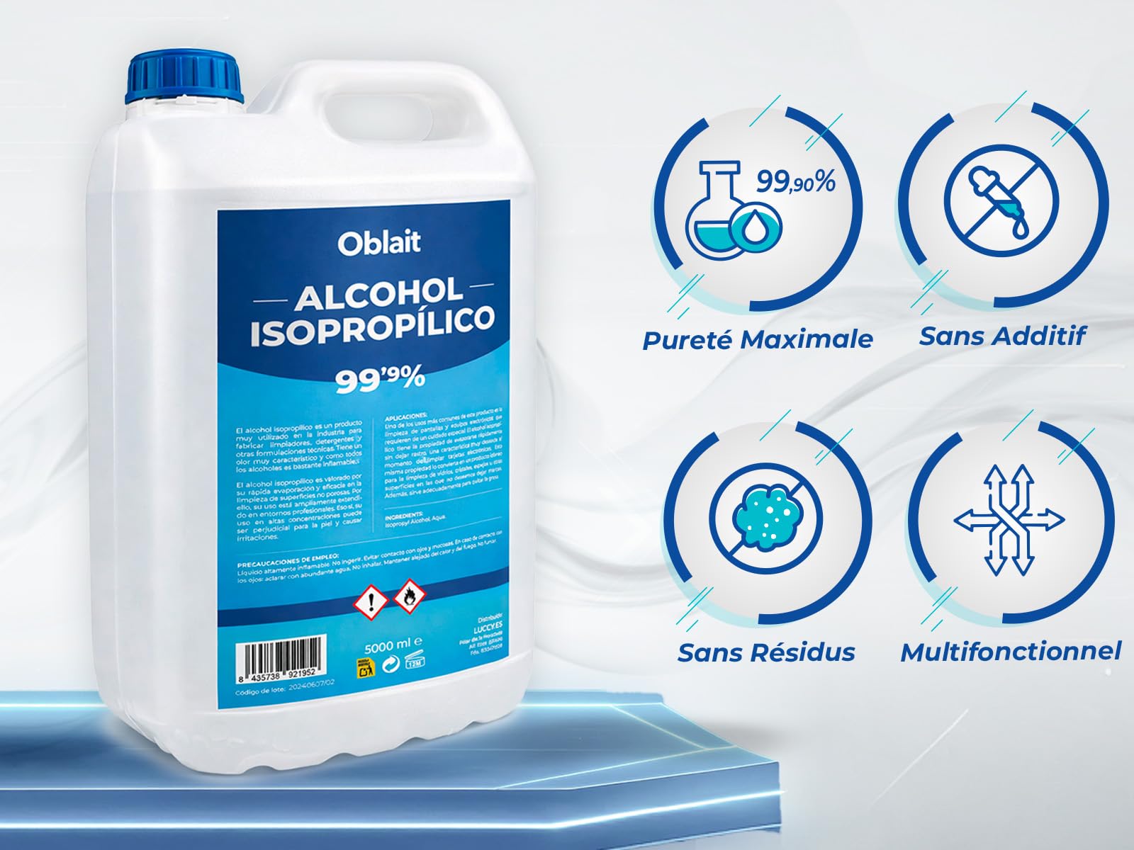 Alcool Isopropylique 99,9% Pur 5L | Isopropanol | Nettoyage de Composants Électroniques, Nettoyant Contacts, Objectifs, Écrans et Surfaces | Isopropyl Alcohol Nettoyage