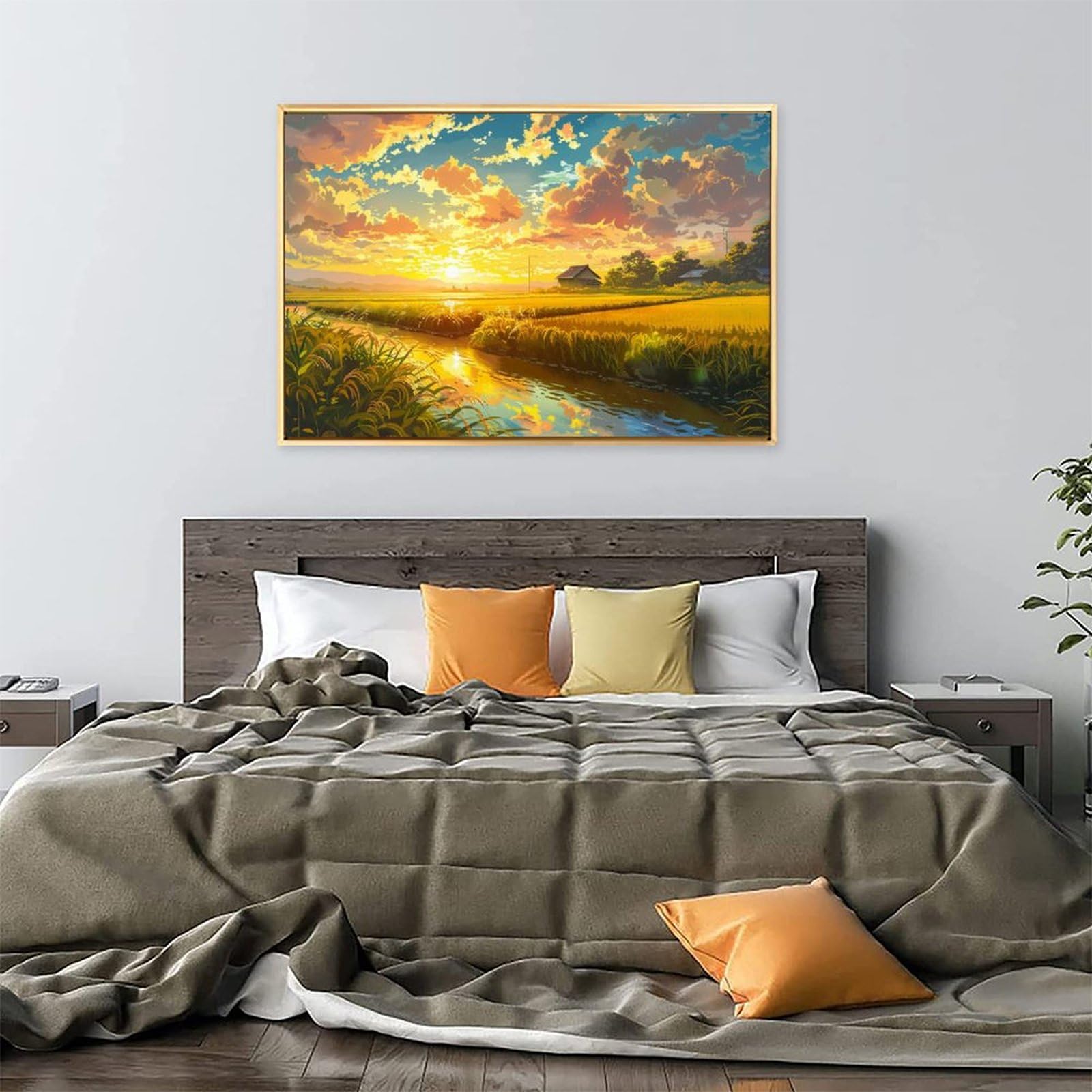 絵画インテリア絵 額付( 青緑＋金色の枠 )油絵F4-081411風景朝夕陽田園 絵画 インテリア絵 額付( 青緑＋金色の枠 )油絵 uF6-062803 風景