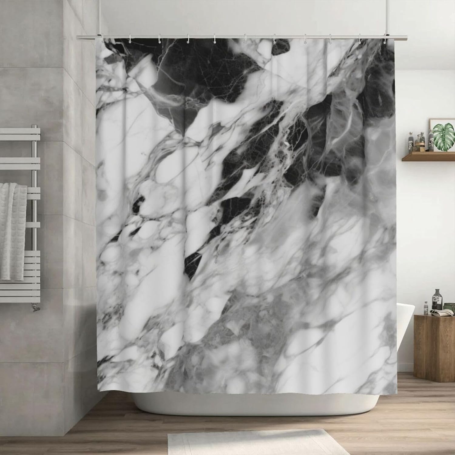 Black White Shower Curtain, Grey Abstract Natural Marble Boho Shower Curtain Set, Gray Luxury Texture Farmhouse Fabric Bathroom Curtains with 12 Hooks 72x72in YLADW300