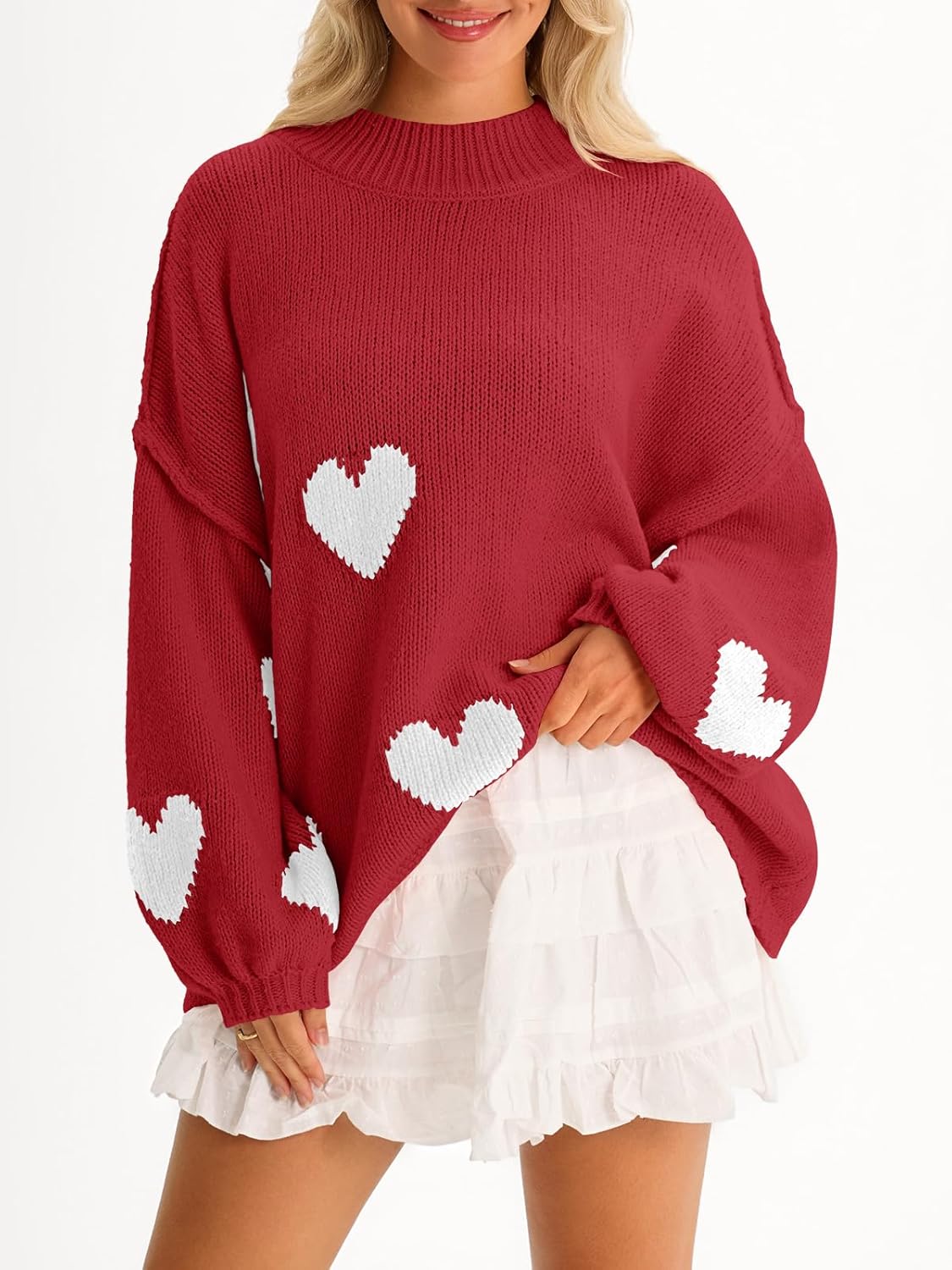 Saodimallsu Womens Oversized Heart Sweater Valentines Cute Mock Neck Chunky Knit Long Sleeve Tunic Sweaters - Image 2