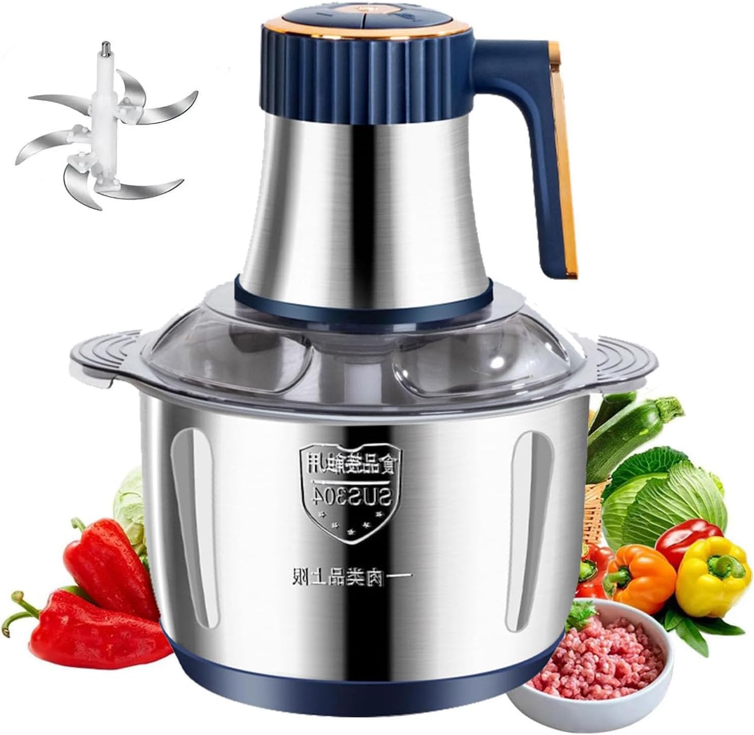 Multifunctional Stainless Steel Meat Grinder, 5L Stainless Steel Large Capacity Fully Automatic Meat Grinding Machine, Small Food Chopper with Container Meat Grinder Electric Food Chopper,Blue