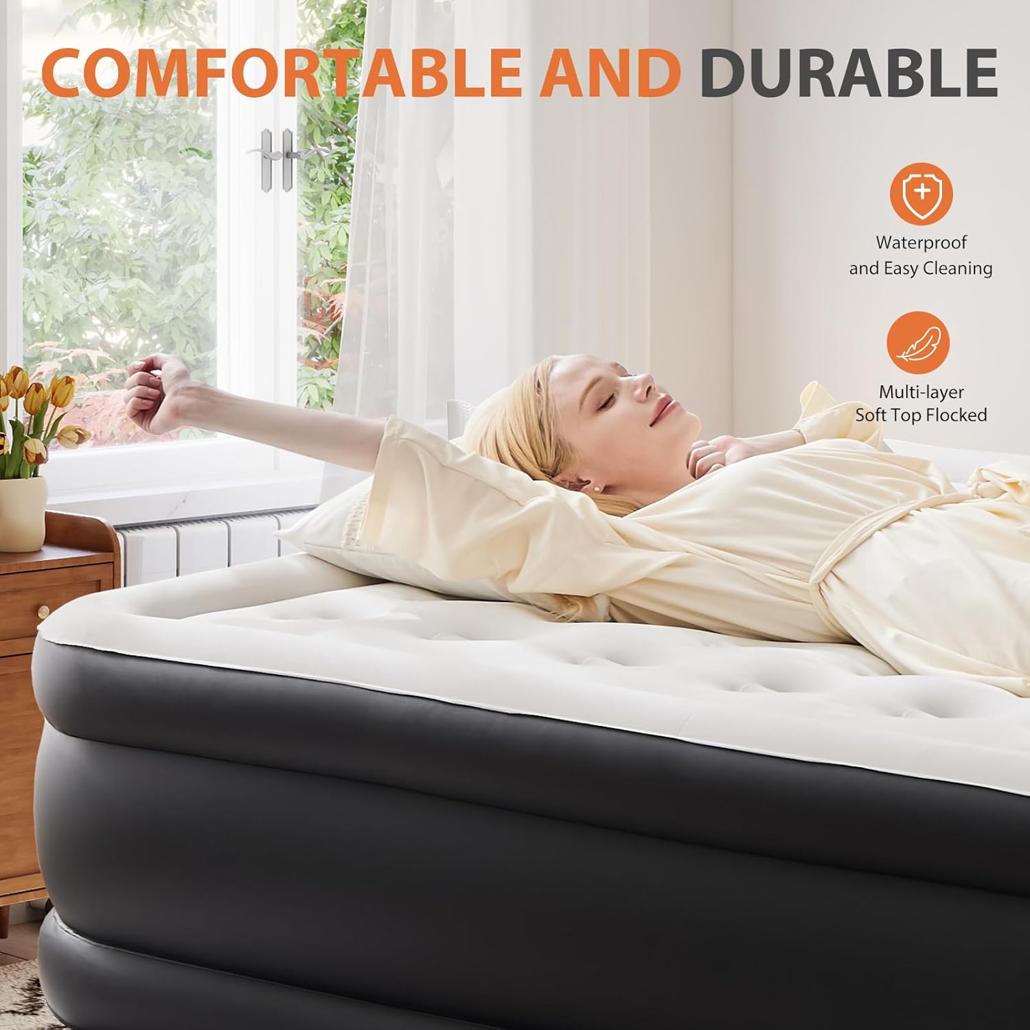 Sweetcrispy Queen Air Mattress, 22" Inflatable Blow Up Airbed with Built-in High Capacity Pump, Double Height, Non-Slip Bottom Design, Weight Capacity 660 lbs Air Bed for Home or Camping - Image 3