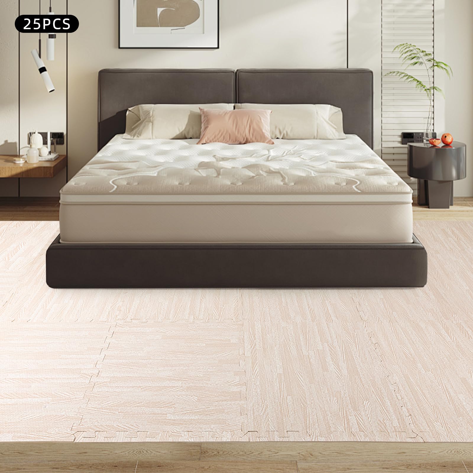 Płytki podłogowe z pianki, 25 sztuk, 60 x 60 cm, 10 mm grubości, pianka EVA, hybrydowa mata z rysunkiem słojów drewna, 9 m² płytki na klik, do salonu, biura, studia fitness, białe drewno