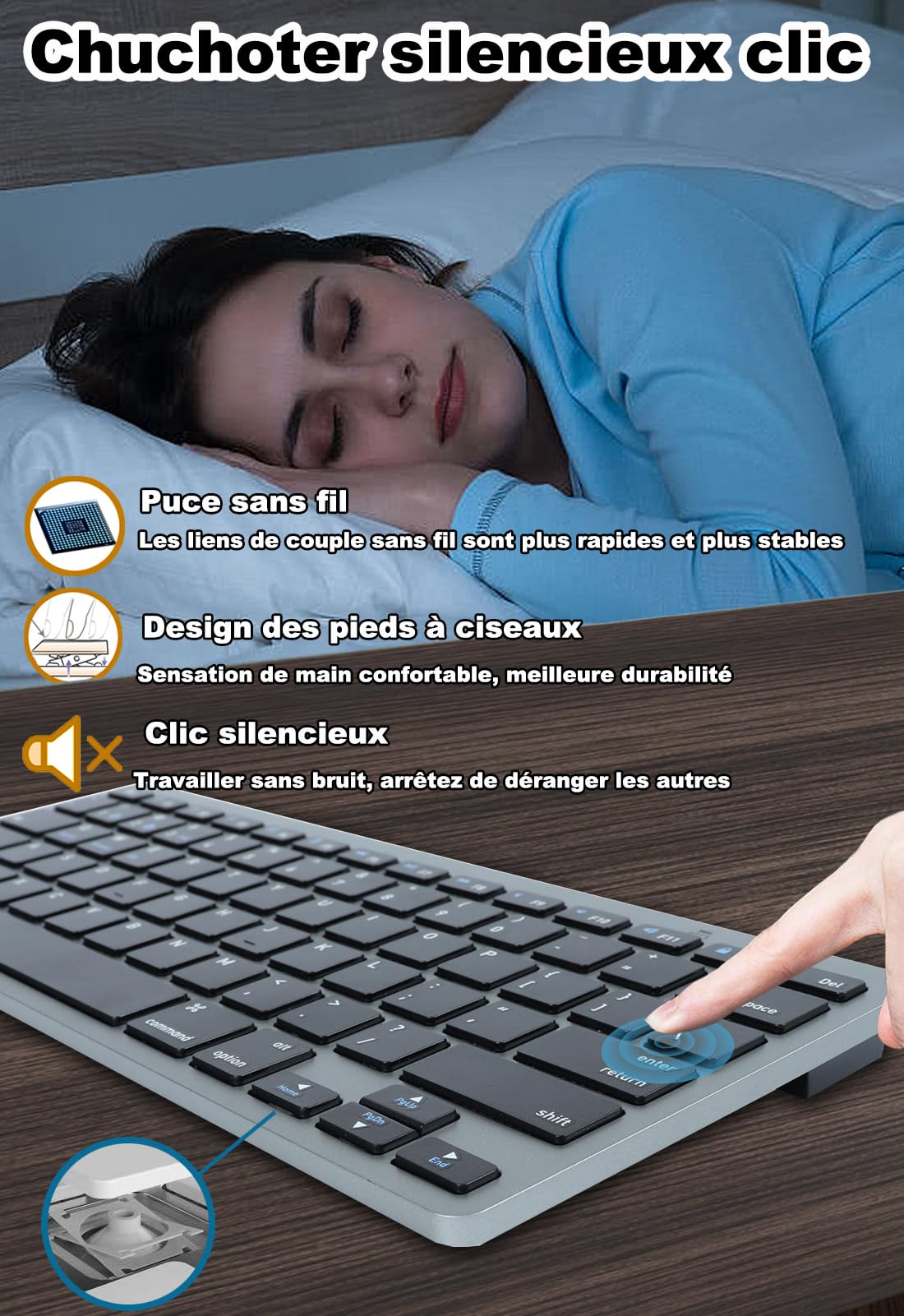 Ensembles Clavier et Souris sans Fil 2.4Ghz & Bluetooth,Clavier Souris sans Fil Rechargeable Ultra-Fin Compact,Souris Silencieuse 3 DPI Réglables,pour Ordinateur/PC/Laptop/Windows/Mac,QWERTY,Gris