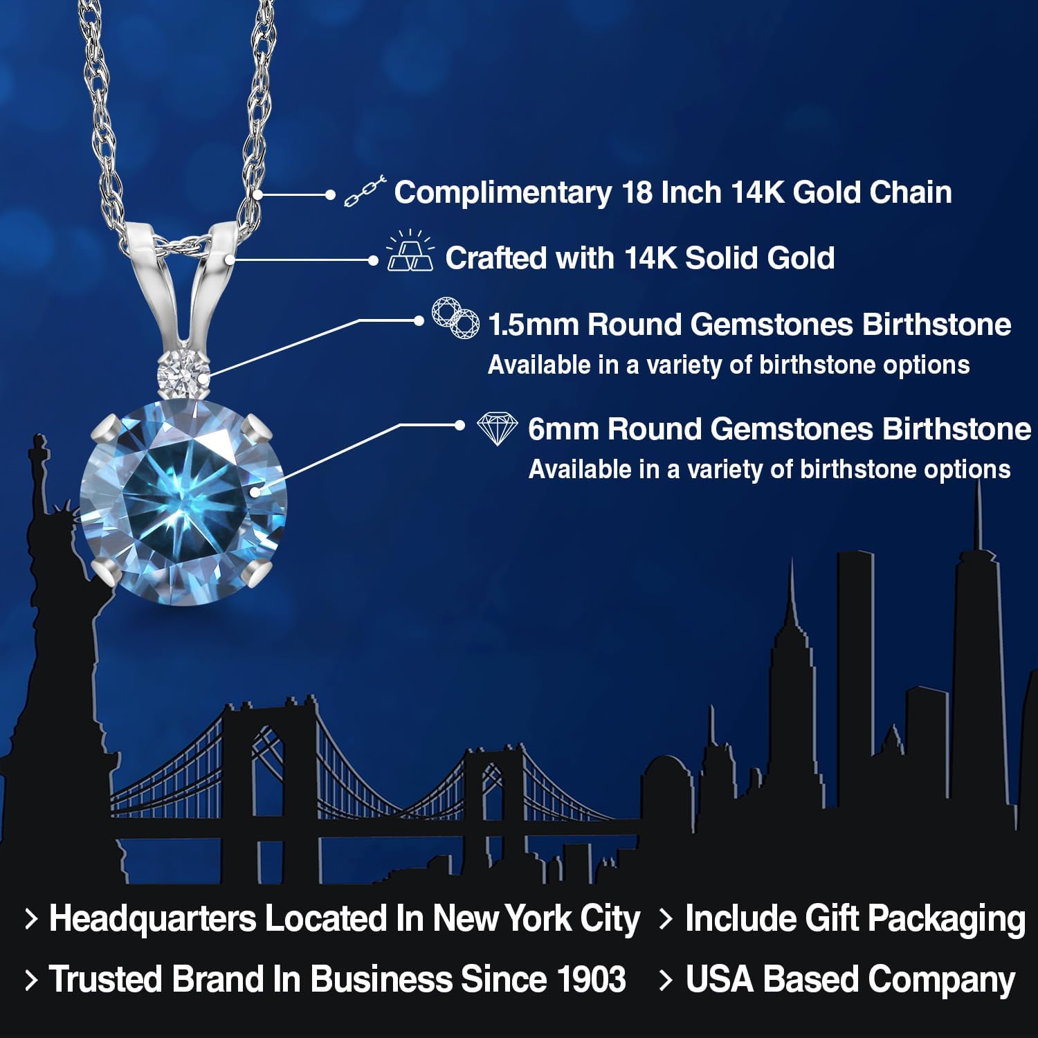 Gem Stone King 14K White Gold Persian Blue Moissanite and Lab Grown Diamond Pendant Necklace for Women | 0.82 Cttw | Gemstone Birthstone | Round 6MM | With 18 Inch Chain - Image 2