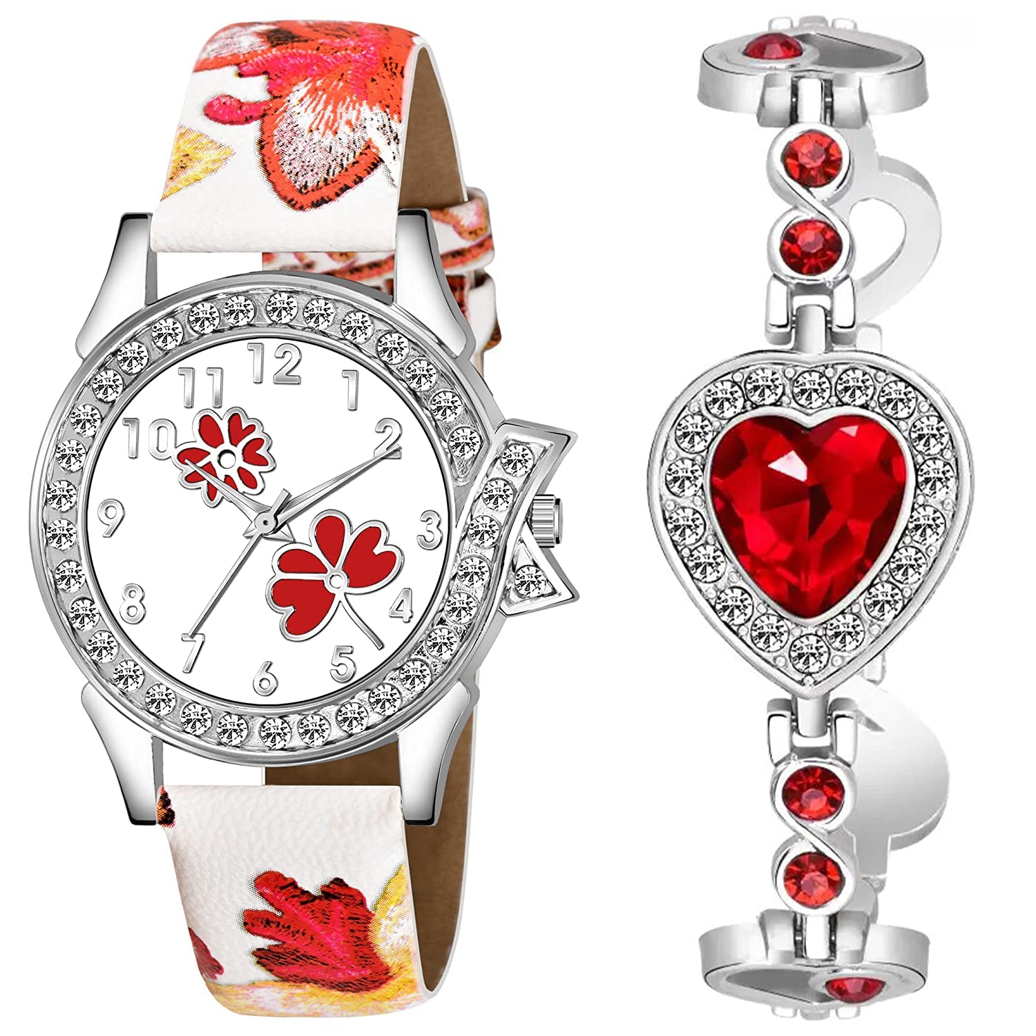 Goldenize fashion Branded Stylish Diamond Dial Analogue Women & Girls Watch with Diamond Stone Bracelet Leather Strap for Gift Women & Girls | (Combo of 2) (Ruby Red) (B0BFX63D3W) Amazon Price History, Amazon Price Tracker