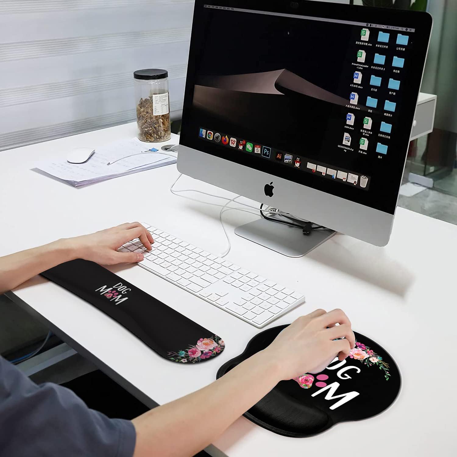 Ergonomic Mouse Pad Wrist Support Gel and Keyboard Wrist Rest Set for Laptop, Mac, Gaming and Office, Durable, Comfortable and Pain Relief + Coaster, Dog Mom Floral Design